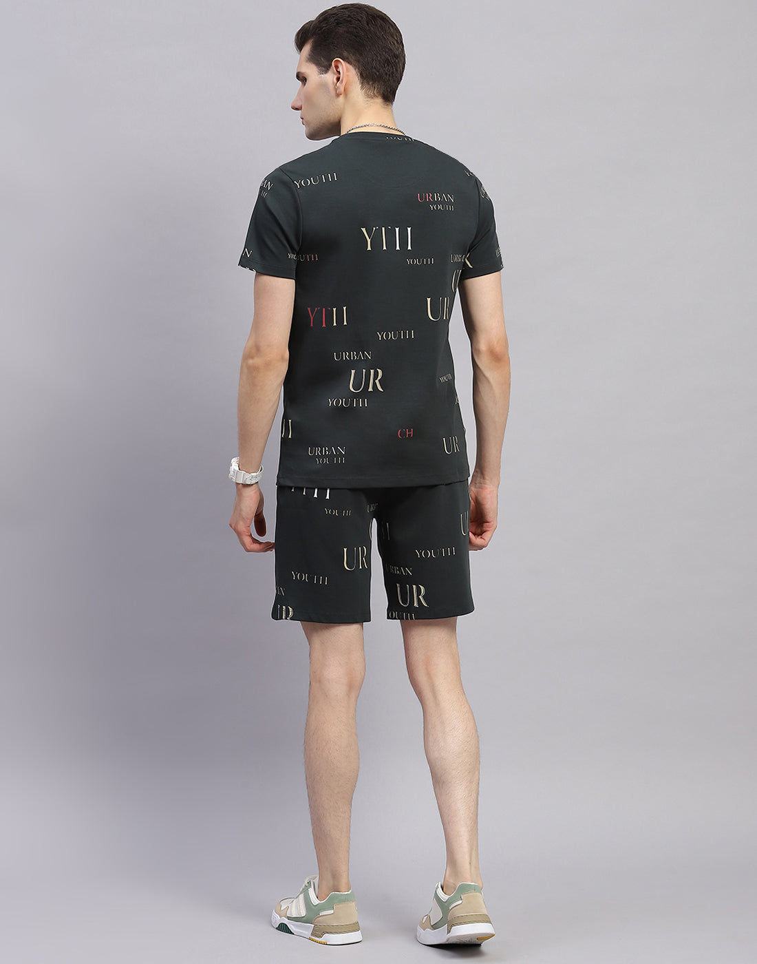 Men Olive Printed Round Neck Half Sleeve Bermuda Set