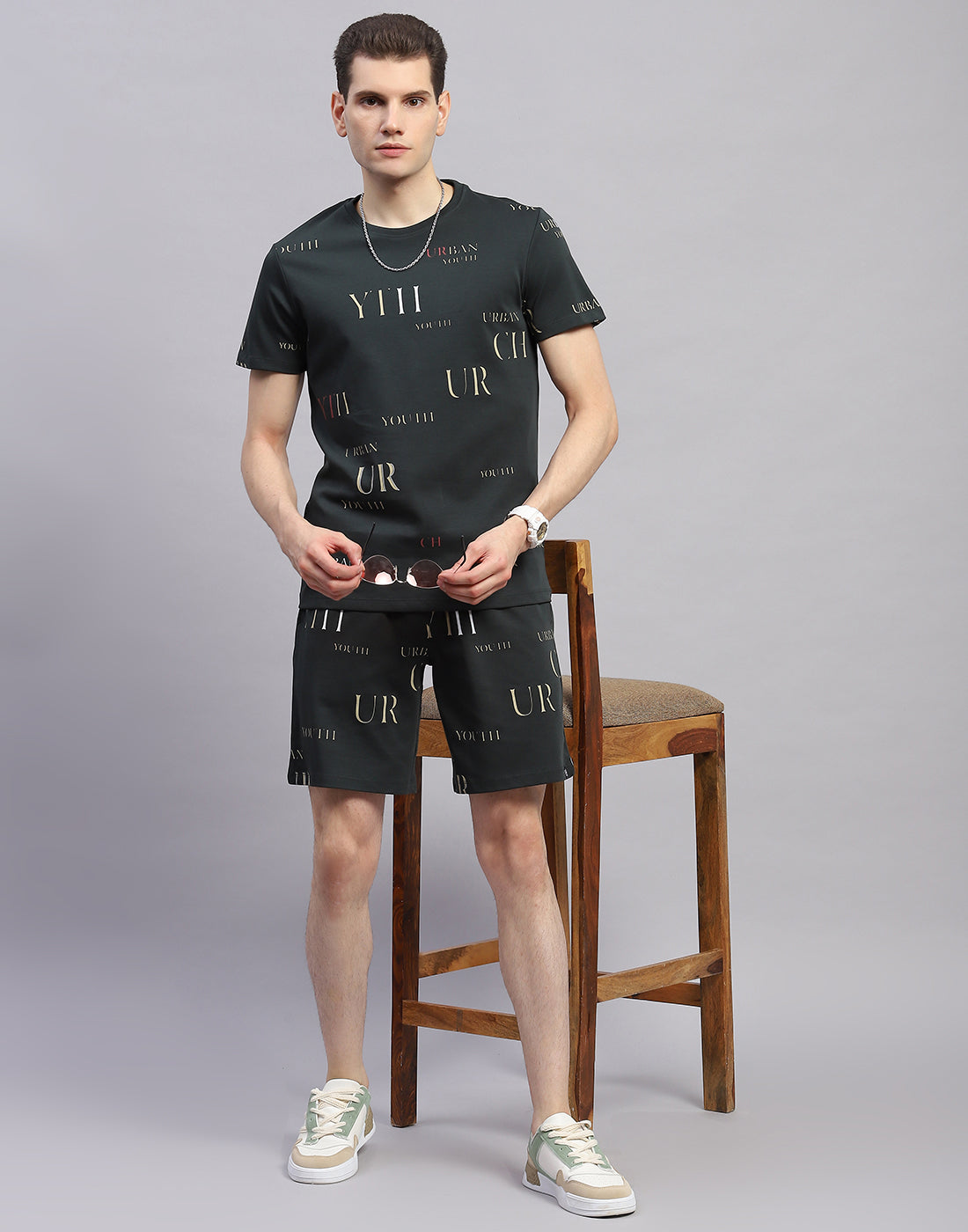 Men Olive Printed Round Neck Half Sleeve Bermuda Set