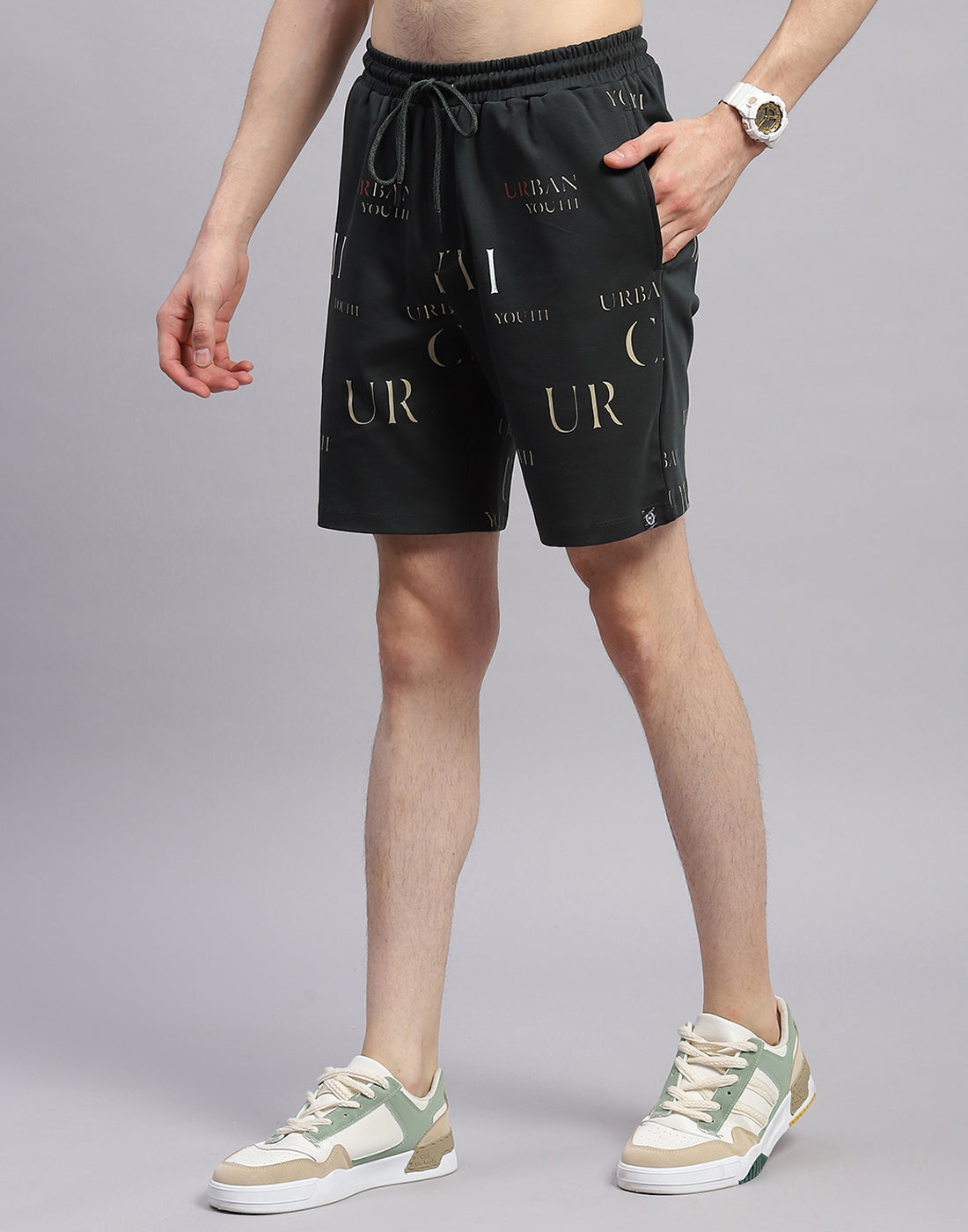 Men Olive Printed Round Neck Half Sleeve Bermuda Set