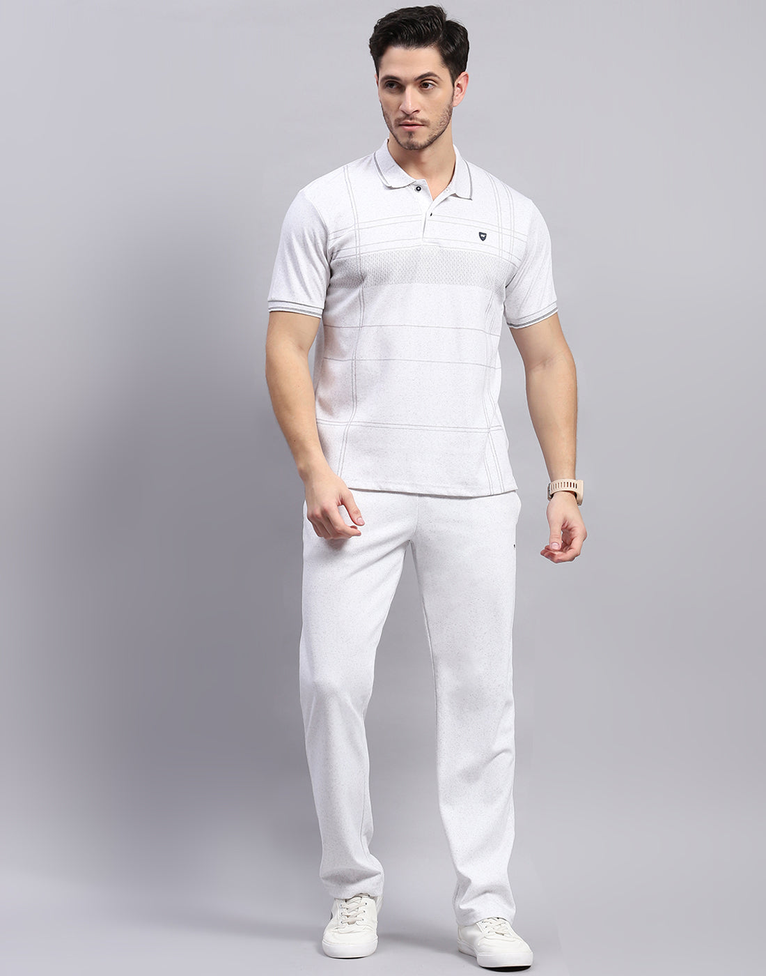 Men Grey Stripe Polo Collar Half Sleeve Lower Set