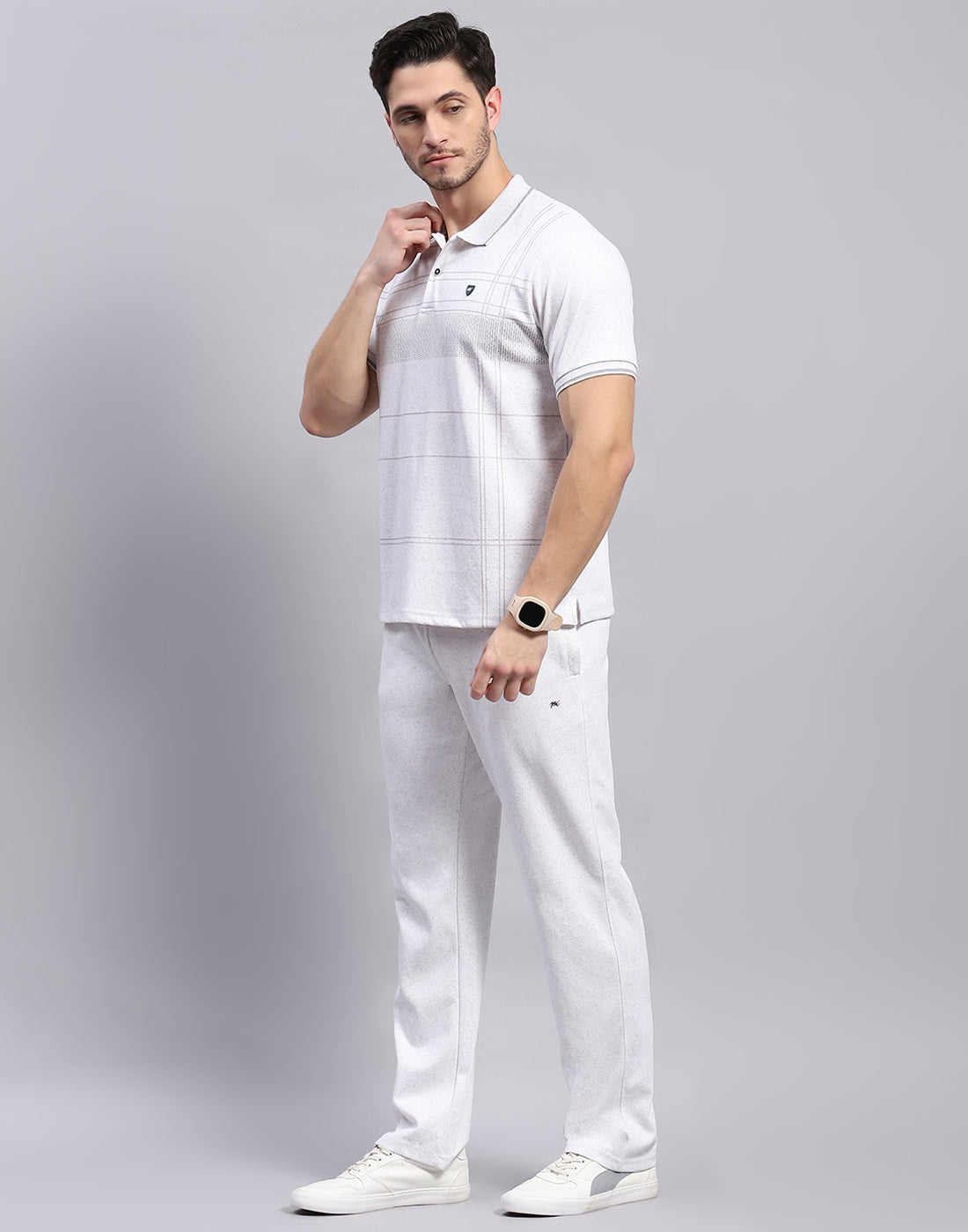 Men Grey Stripe Polo Collar Half Sleeve Lower Set
