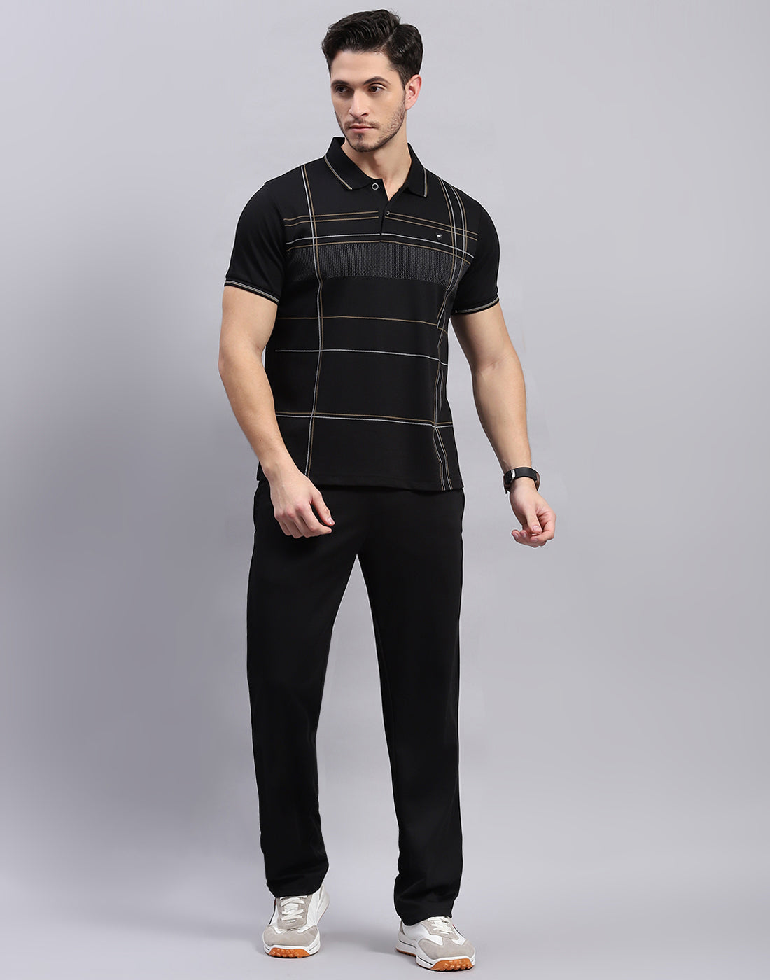 Men Black Stripe Polo Collar Half Sleeve Lower Set