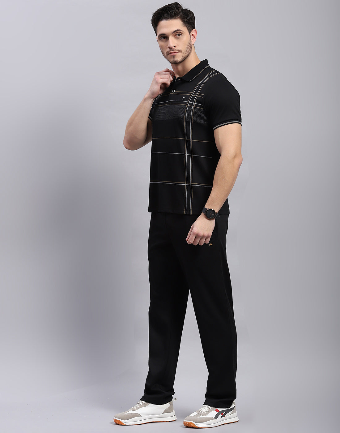 Men Black Stripe Polo Collar Half Sleeve Lower Set