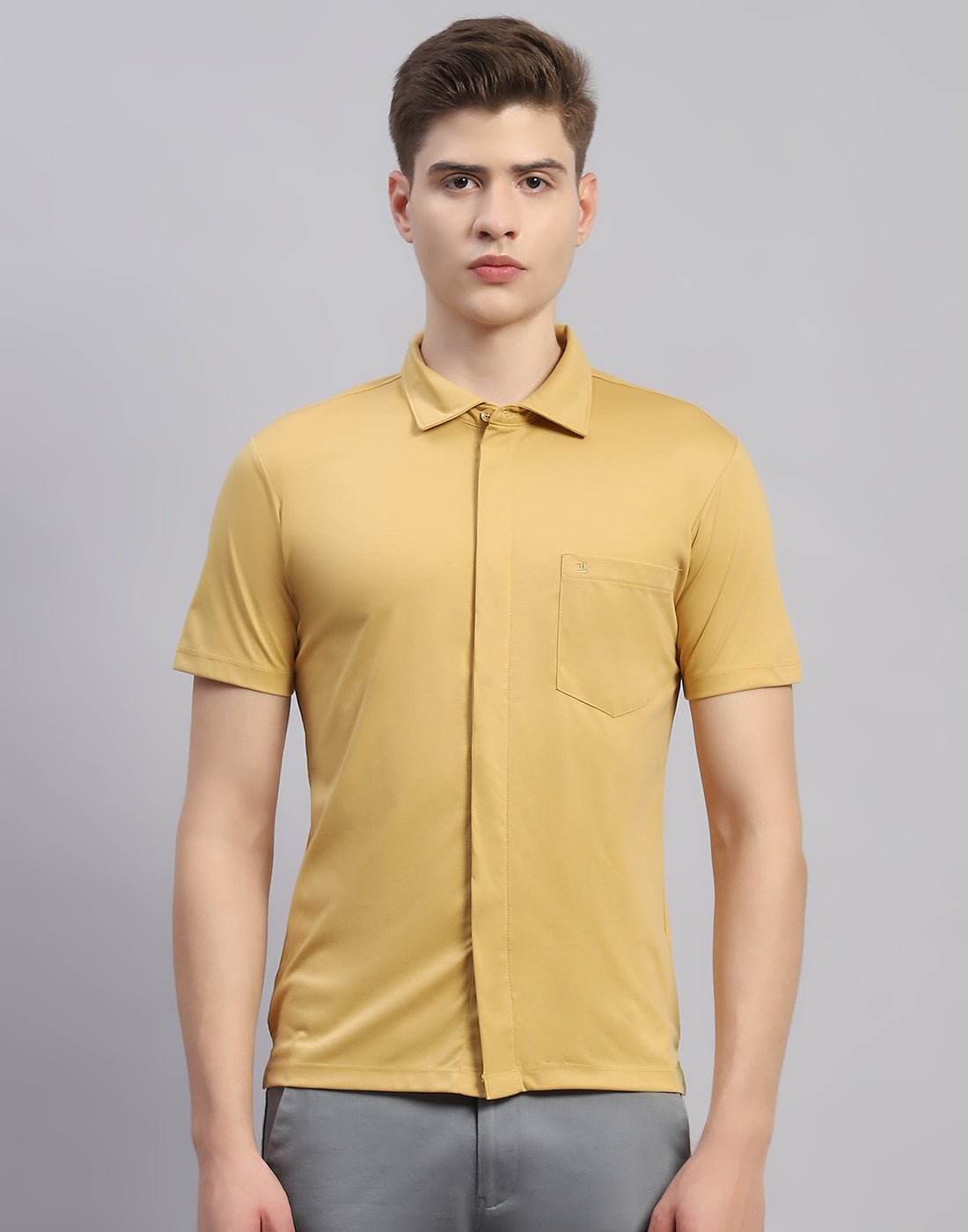 Men Mustard Solid Collar Half Sleeve Shirt