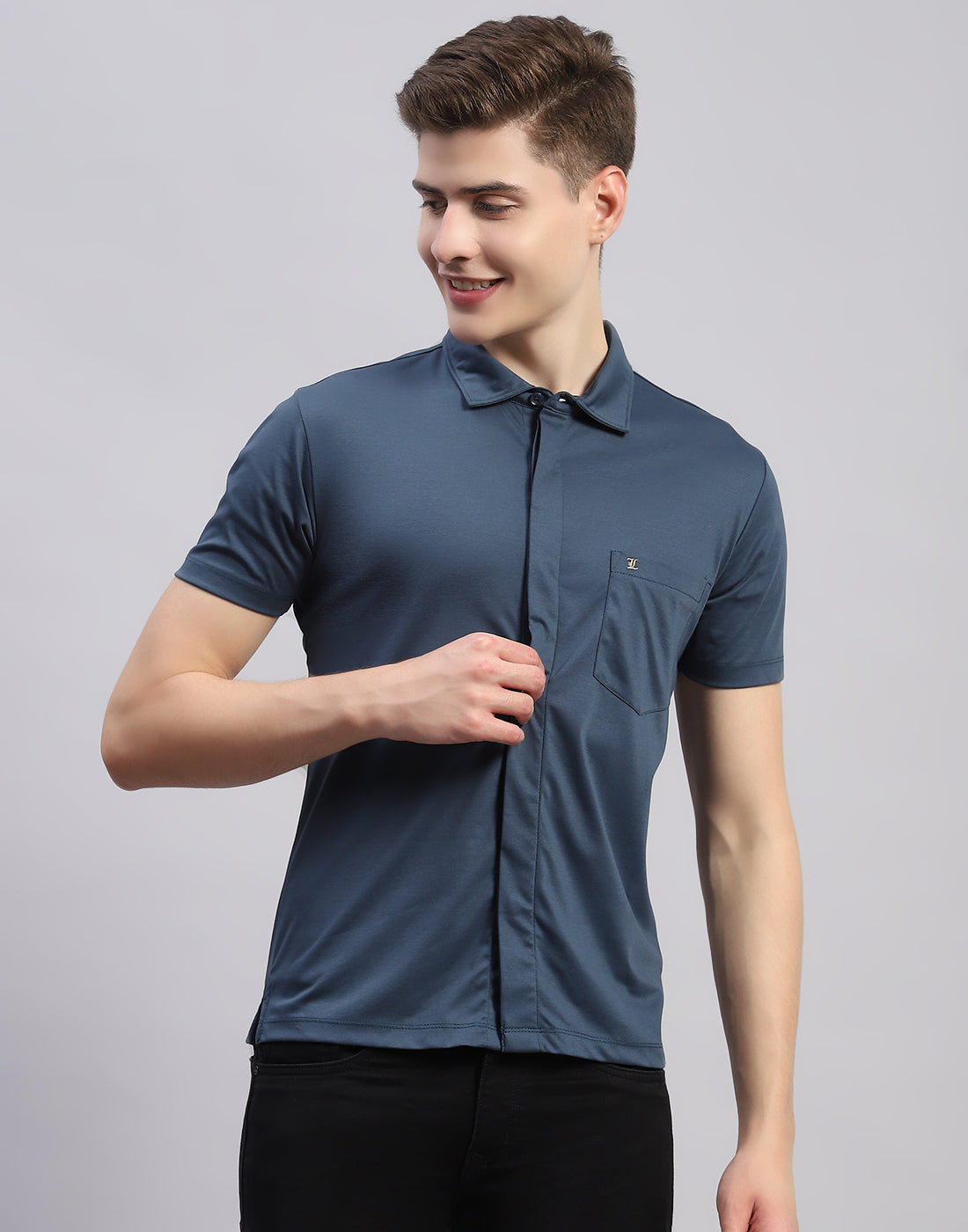 Men Teal Blue Solid Collar Half Sleeve Shirt