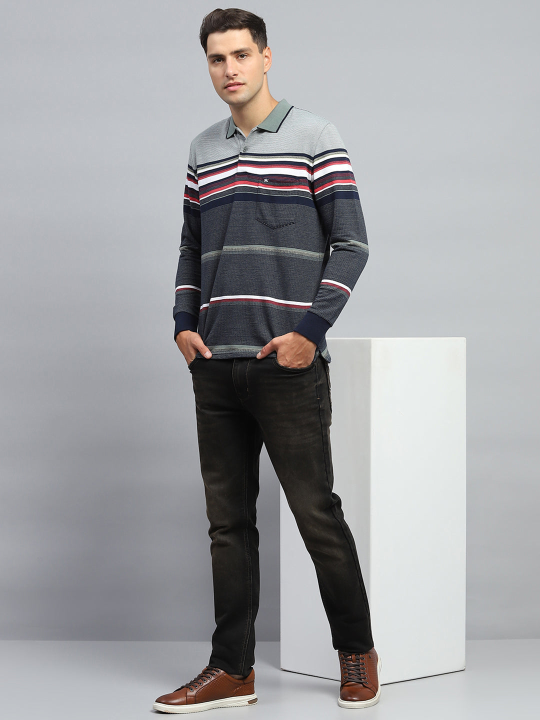 Men Green Stripe Collar Full Sleeve Winter T-Shirt