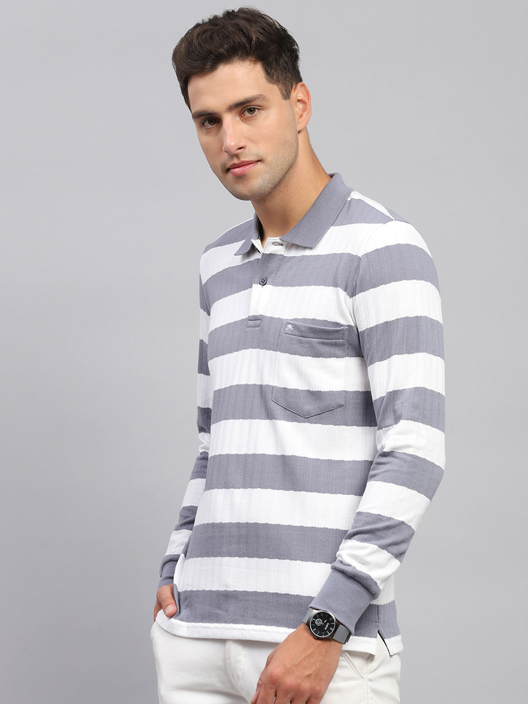 Men Grey & White Stripe Polo Collar Full Sleeve T-Shirt