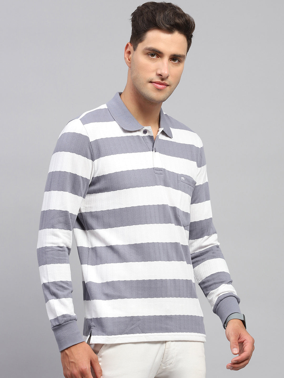 Men Grey & White Stripe Polo Collar Full Sleeve T-Shirt