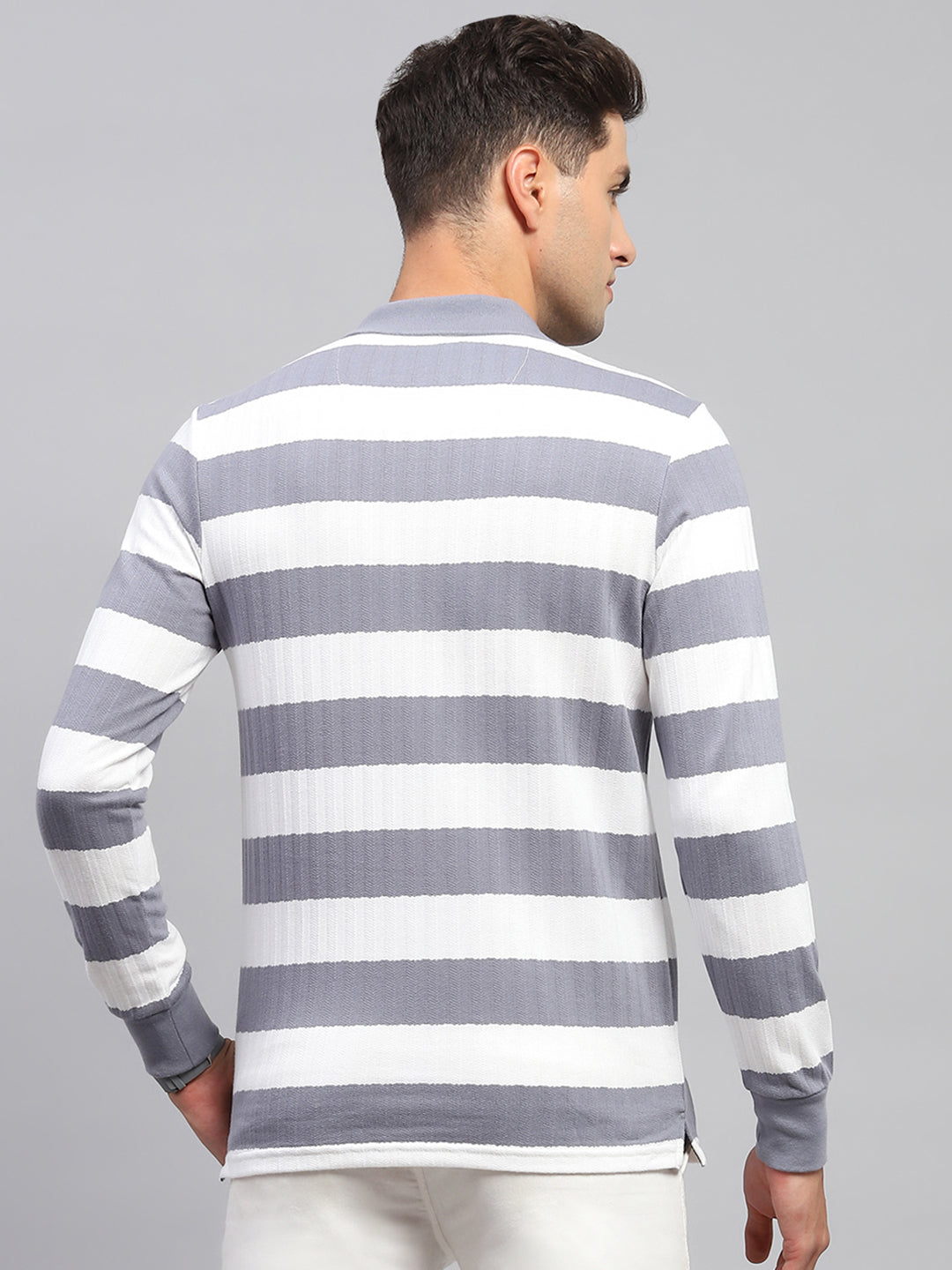 Men Grey & White Stripe Polo Collar Full Sleeve T-Shirt