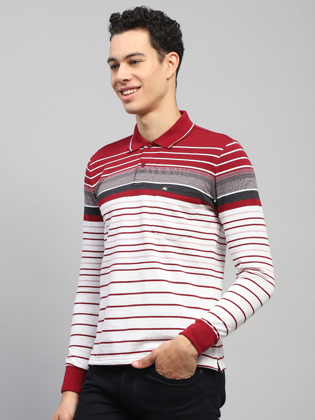 Men Maroo & White Stripe Collar Full Sleeve Winter T-Shirt