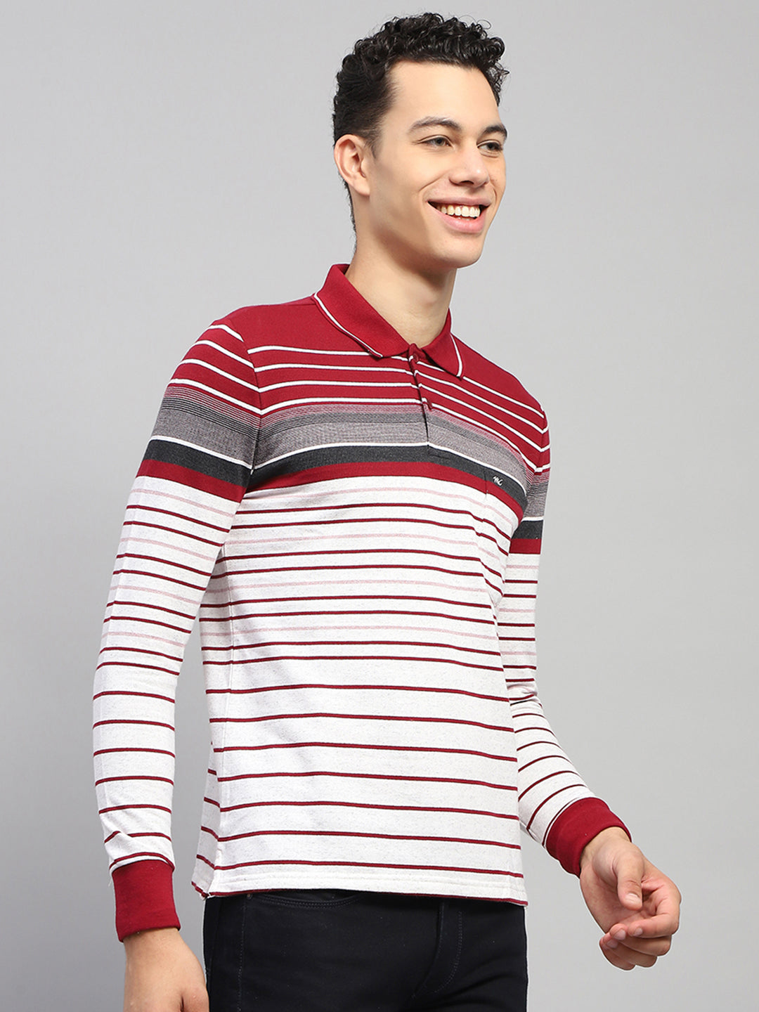 Men Maroo & White Stripe Collar Full Sleeve Winter T-Shirt