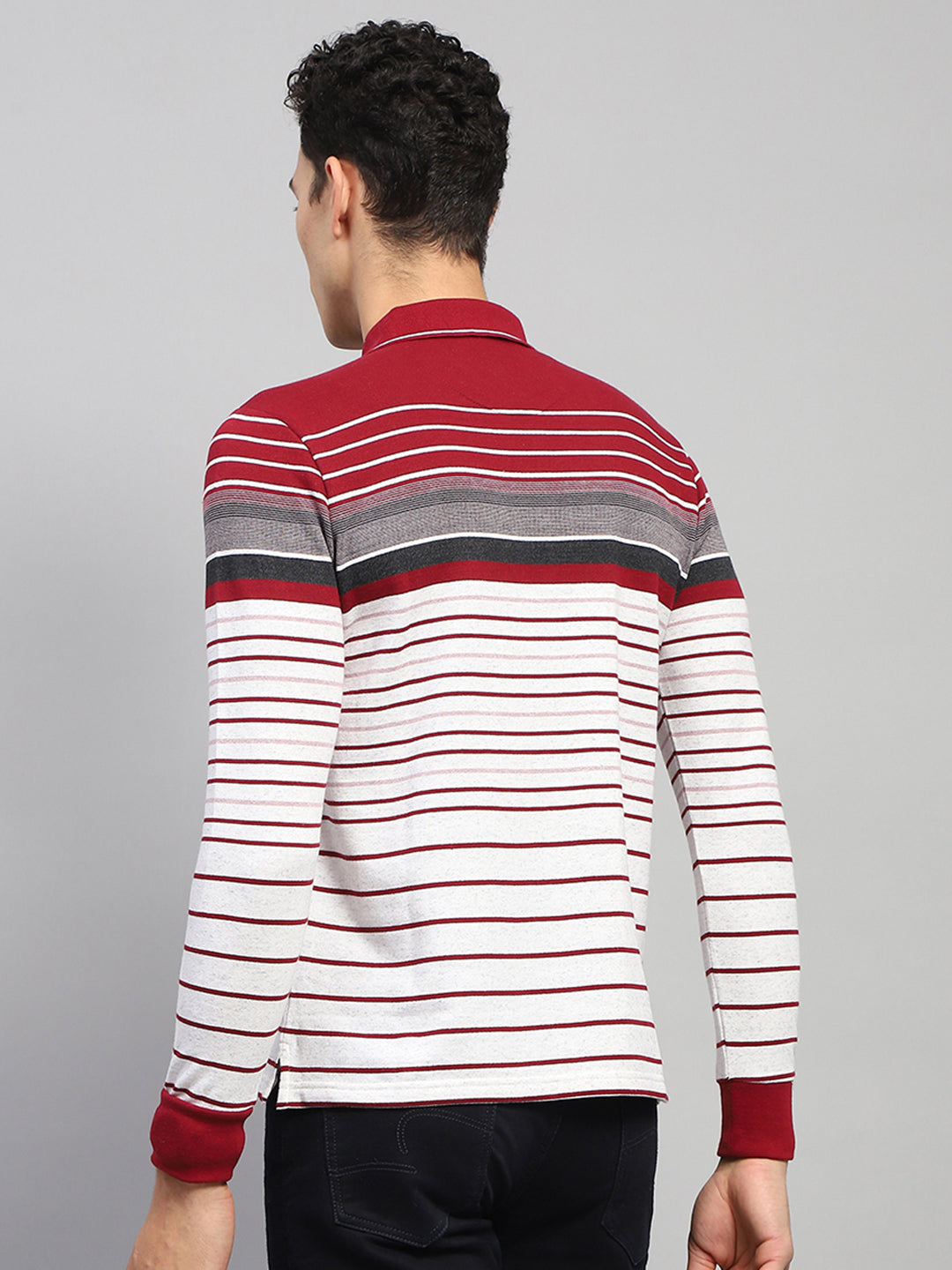 Men Maroo & White Stripe Collar Full Sleeve Winter T-Shirt