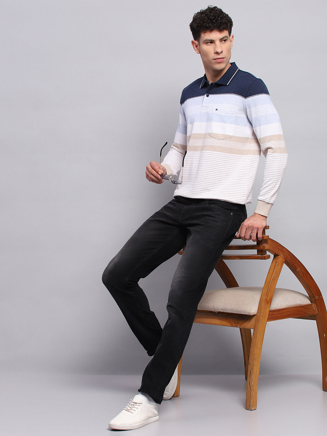 Men Blue Stripe Collar Full Sleeve Winter T-Shirt
