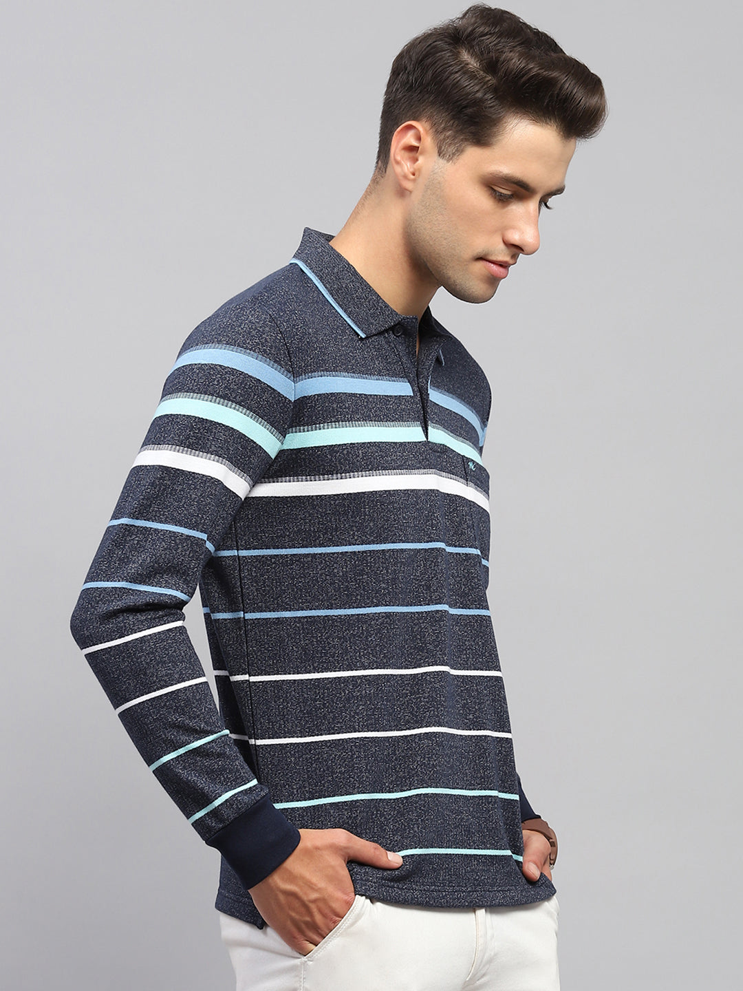Men Navy Blue Stripe Collar Full Sleeve Winter T-Shirt