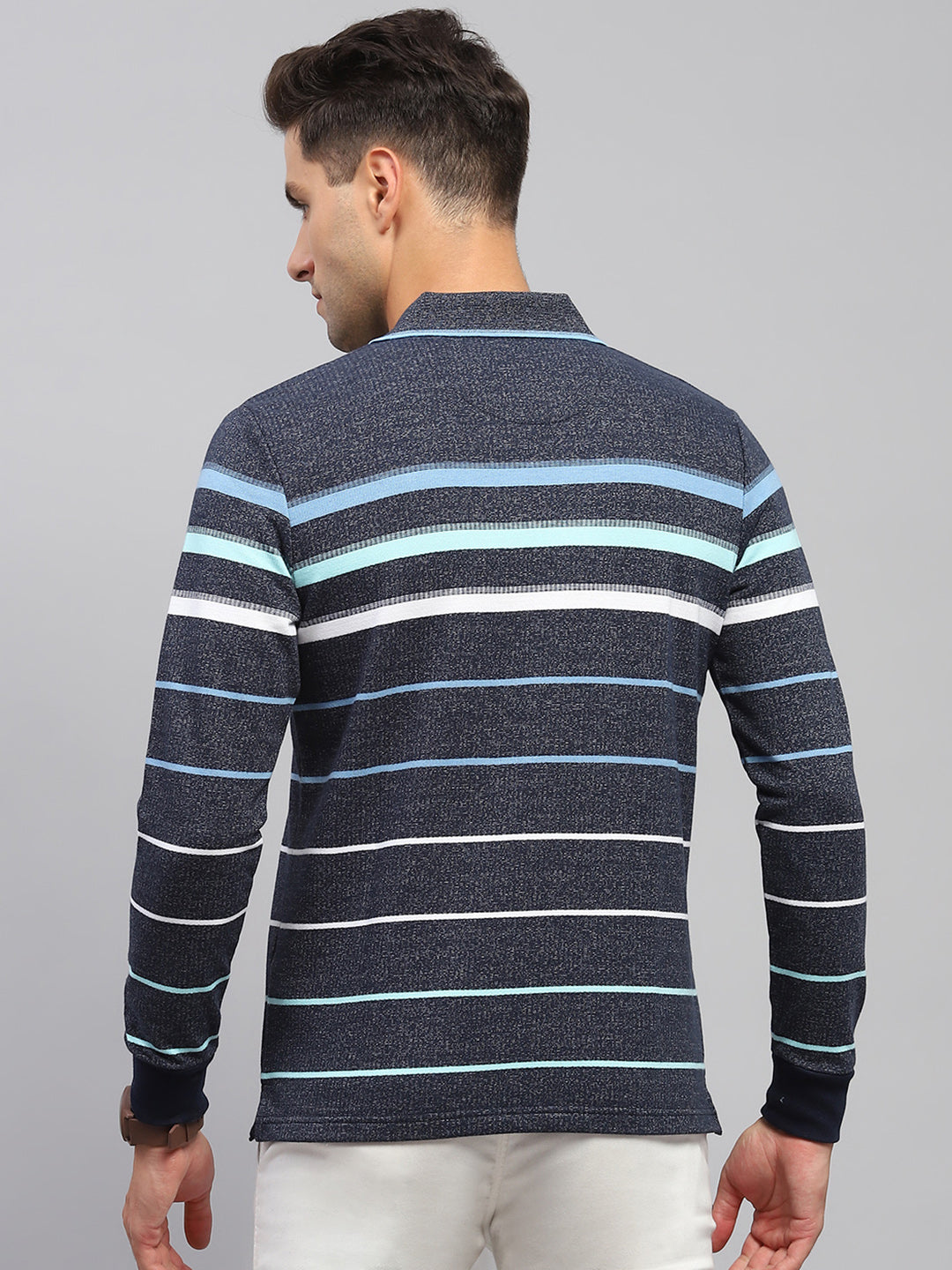 Men Navy Blue Stripe Collar Full Sleeve Winter T-Shirt