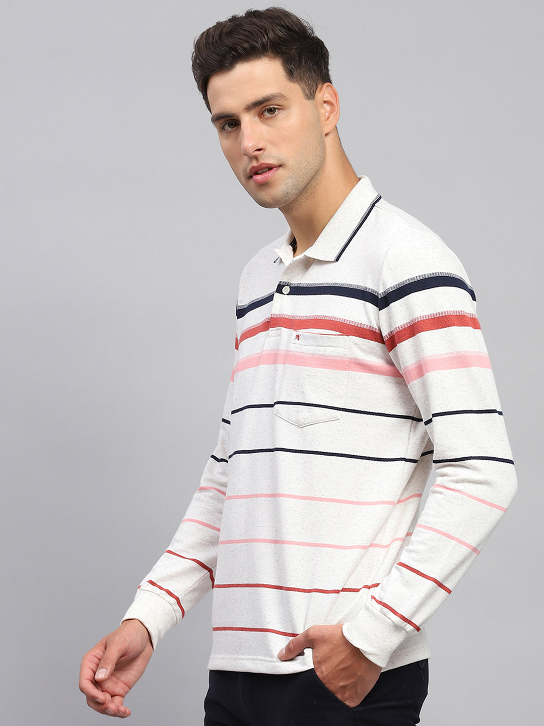 Men Grey Stripe Polo Collar Full Sleeve T-Shirt