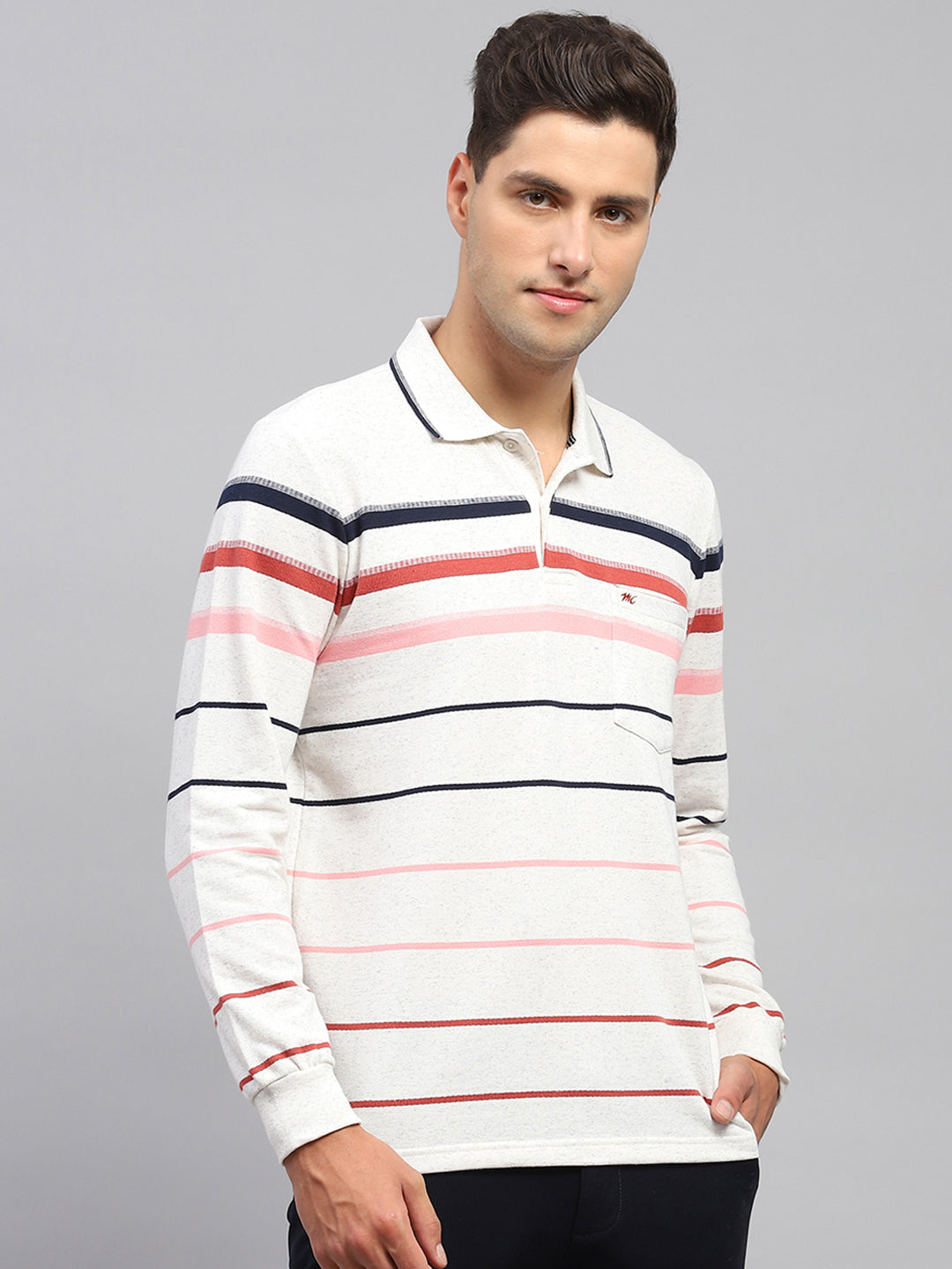 Men Grey Stripe Polo Collar Full Sleeve T-Shirt