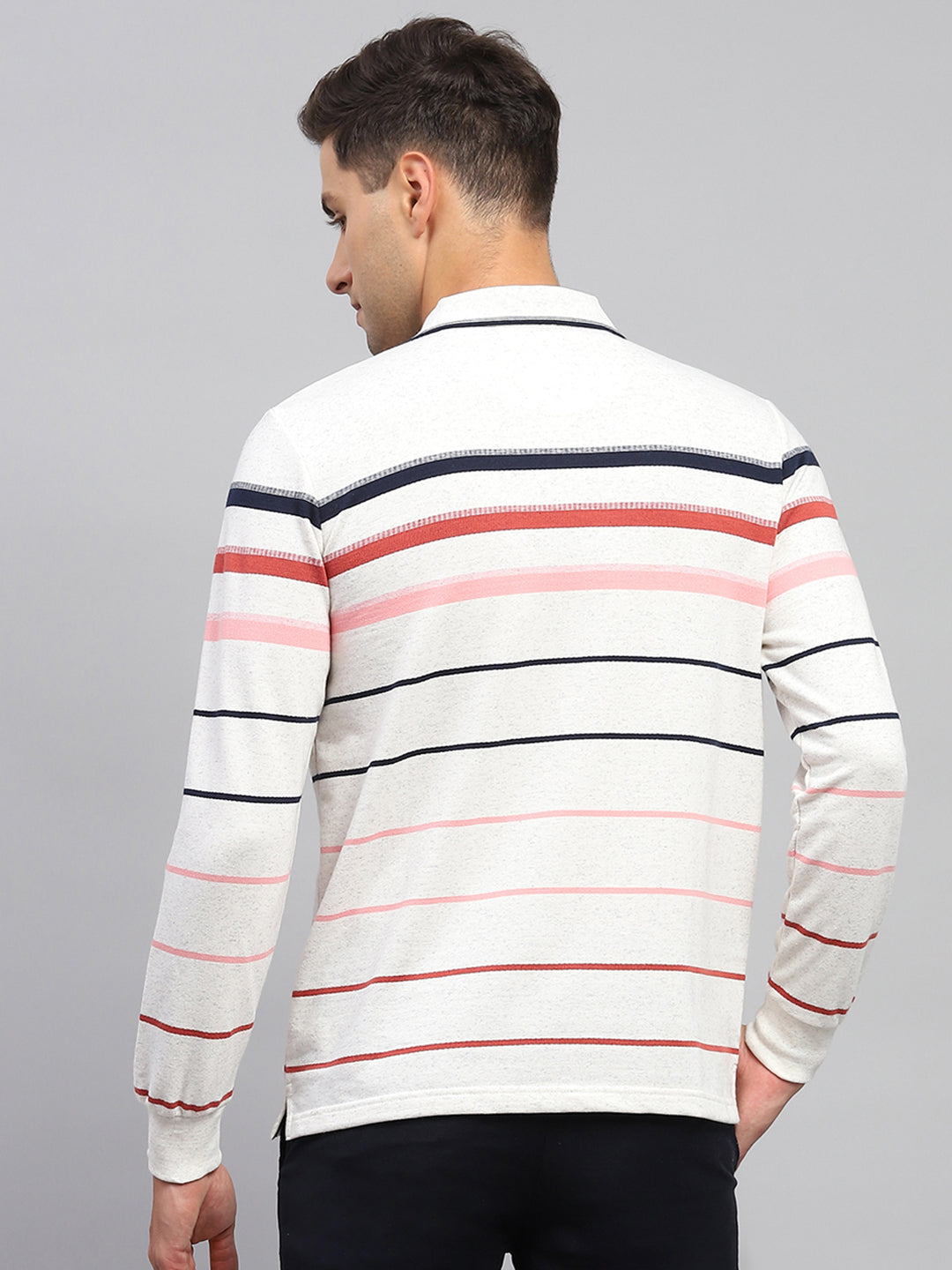 Men Grey Stripe Polo Collar Full Sleeve T-Shirt