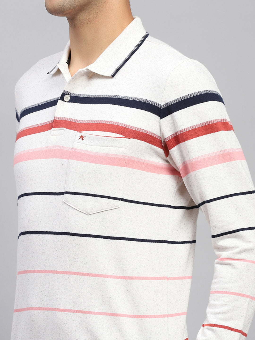 Men Grey Stripe Polo Collar Full Sleeve T-Shirt