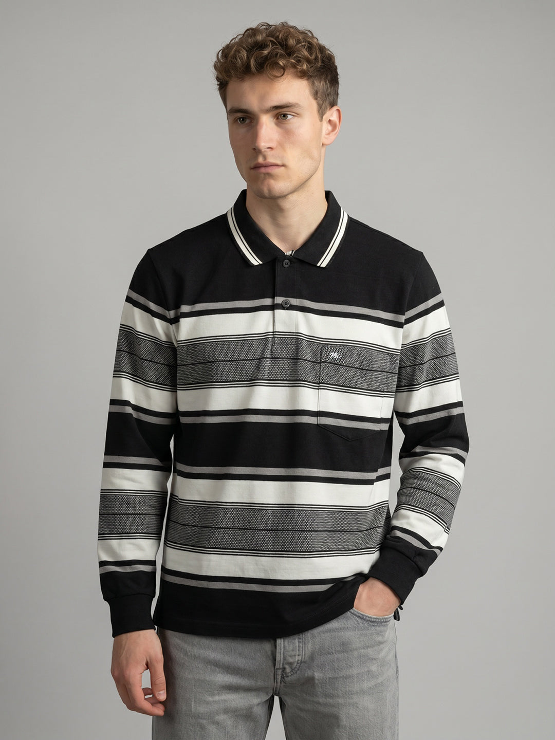 Men Black Stripe Polo Collar Full Sleeve T-Shirt
