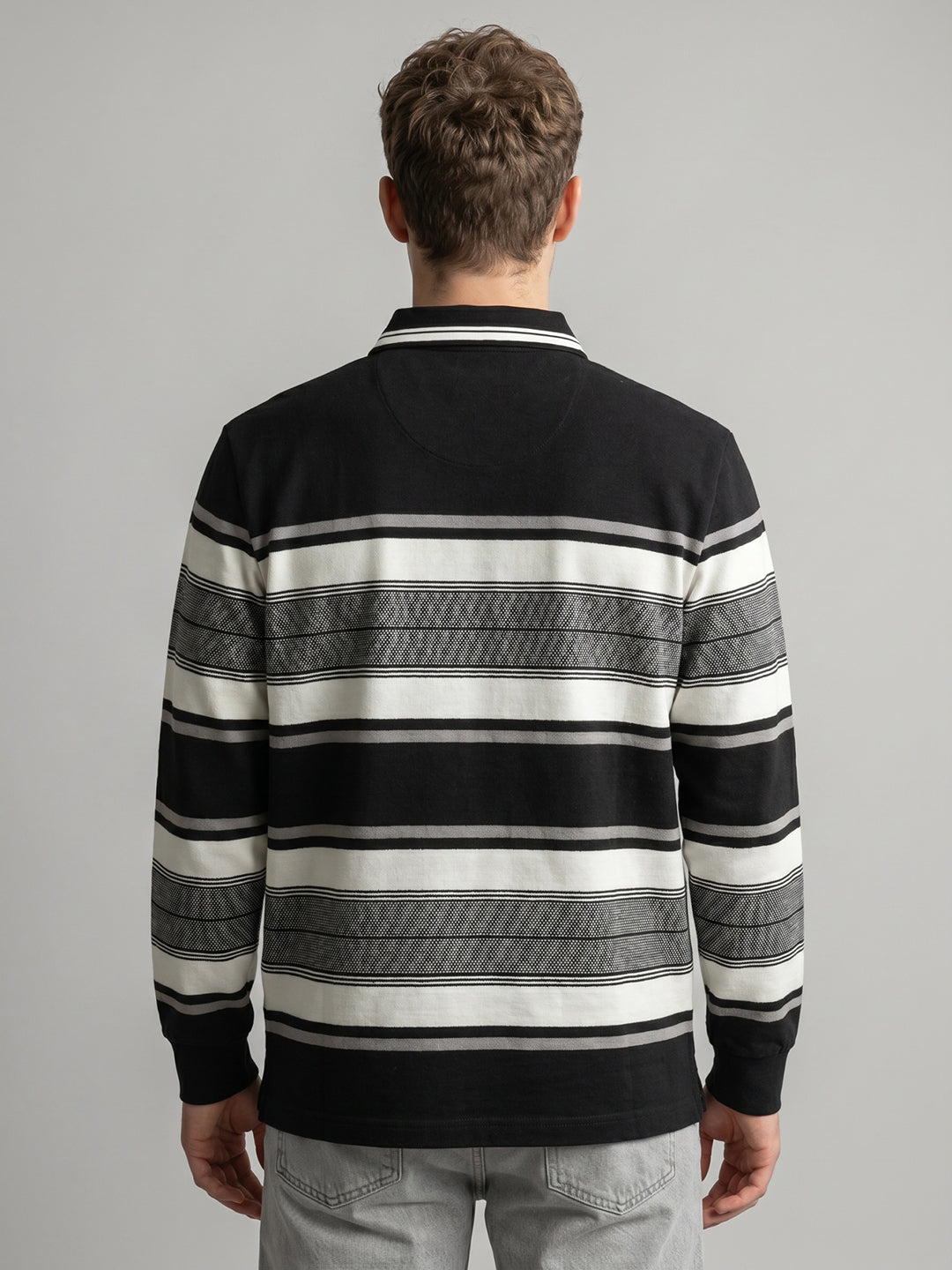 Men Black Stripe Polo Collar Full Sleeve T-Shirt