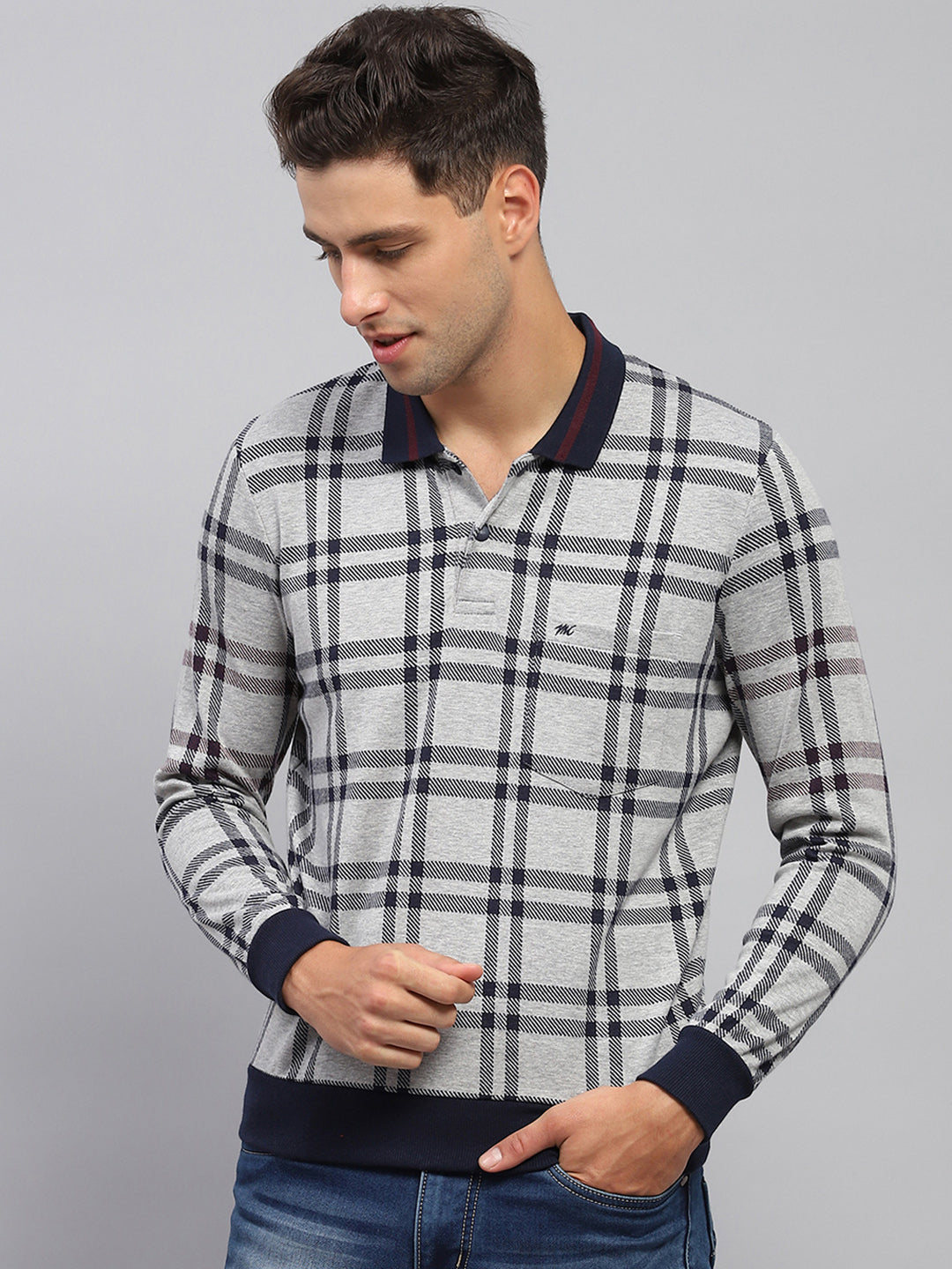 Men Grey Stripe Polo Collar Full Sleeve T-Shirt