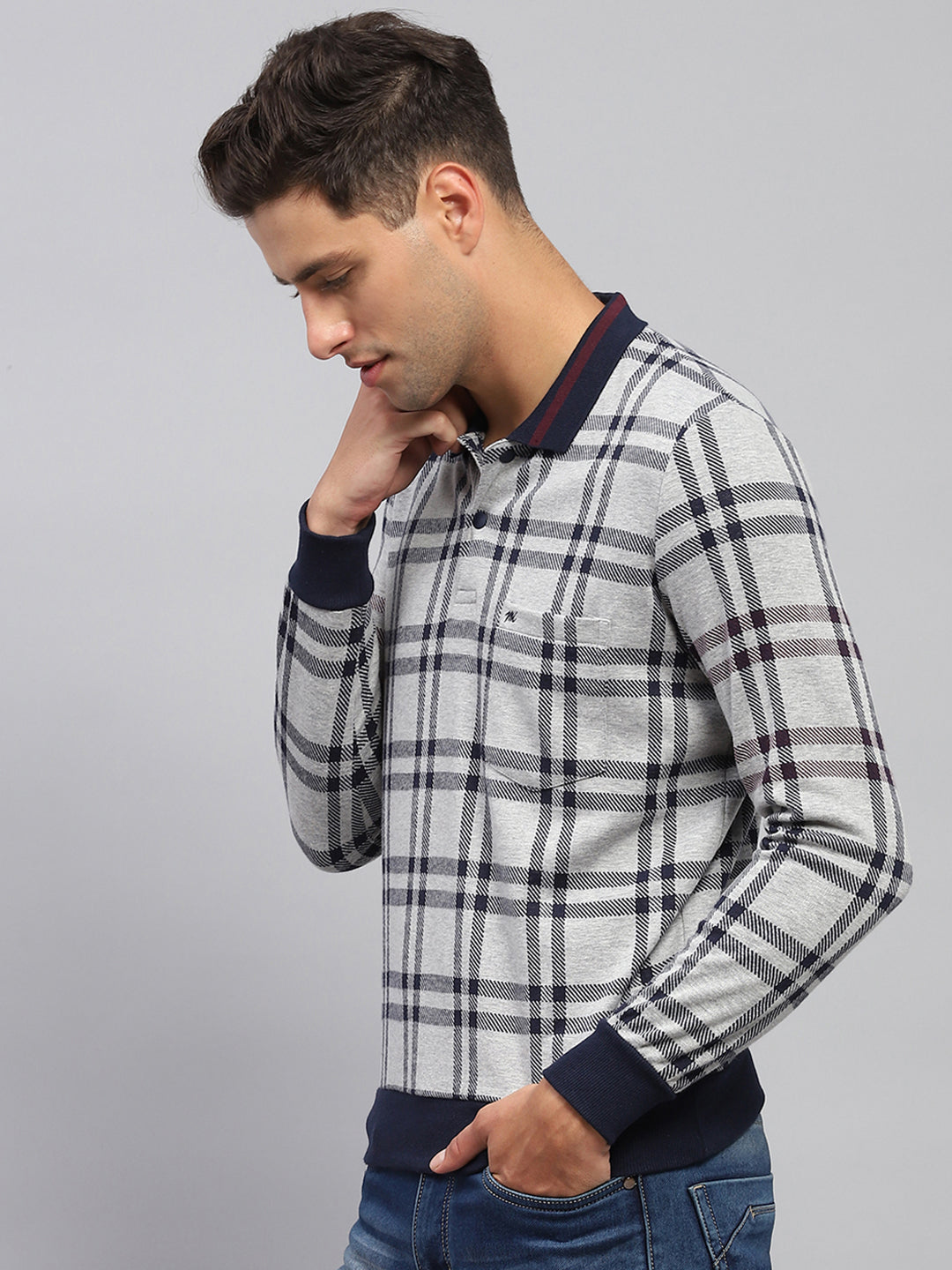 Men Grey Stripe Polo Collar Full Sleeve T-Shirt