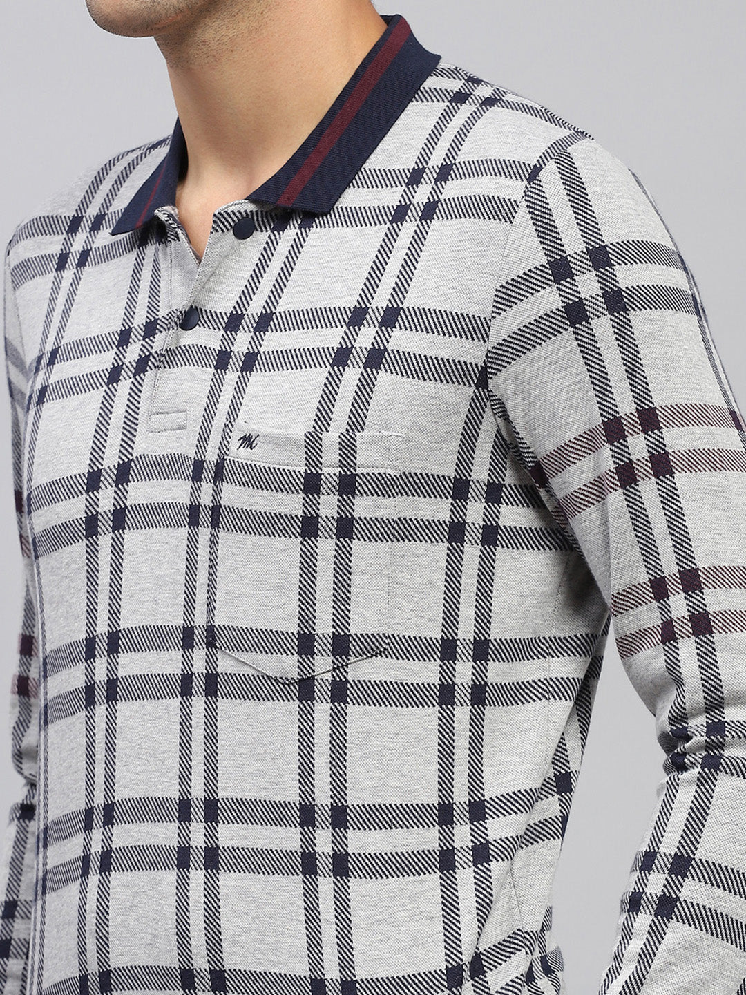 Men Grey Stripe Polo Collar Full Sleeve T-Shirt