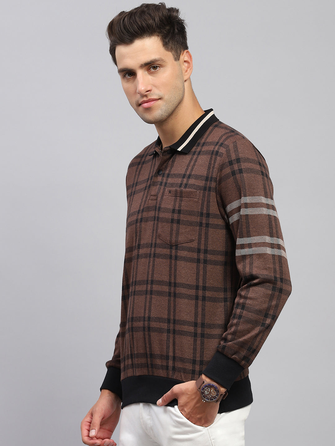 Men Brown Check Collar Full Sleeve Winter T-Shirt