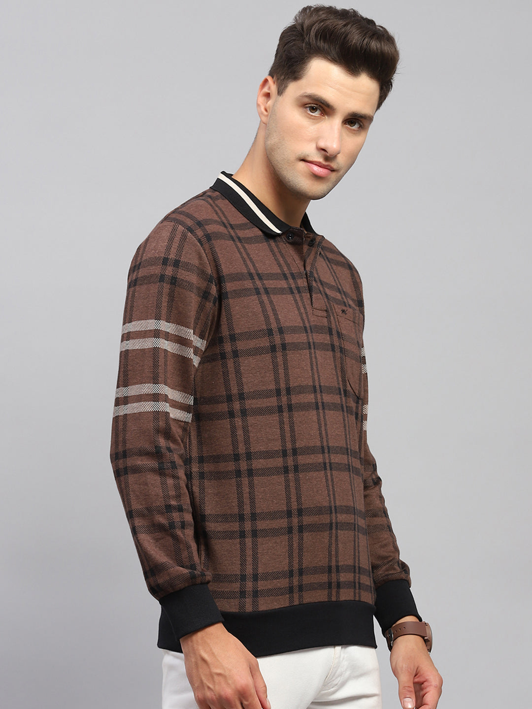 Men Brown Check Collar Full Sleeve Winter T-Shirt
