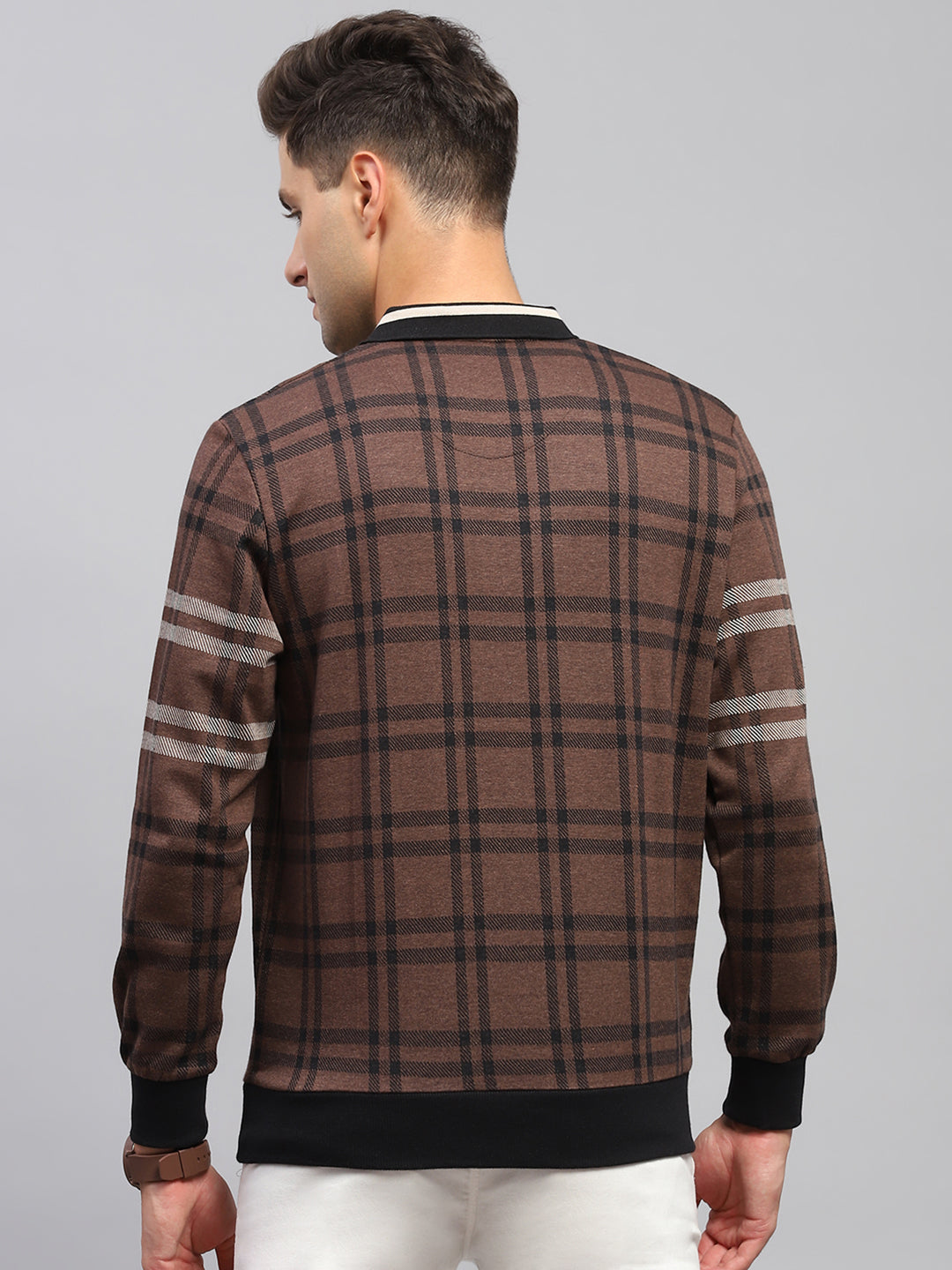 Men Brown Check Collar Full Sleeve Winter T-Shirt