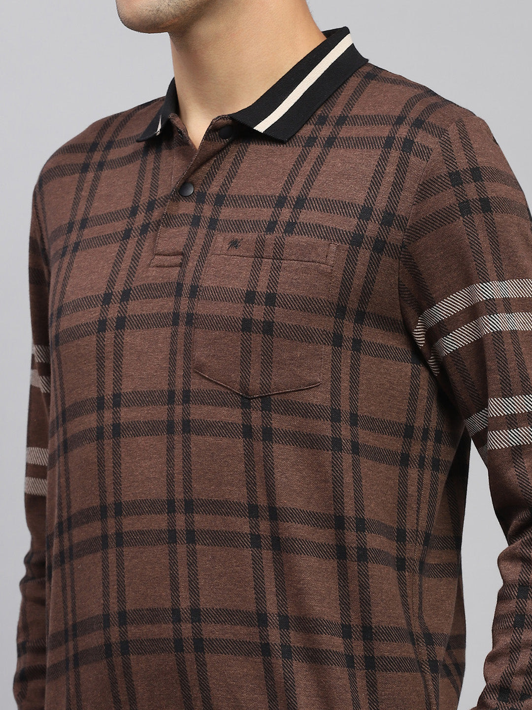 Men Brown Check Collar Full Sleeve Winter T-Shirt