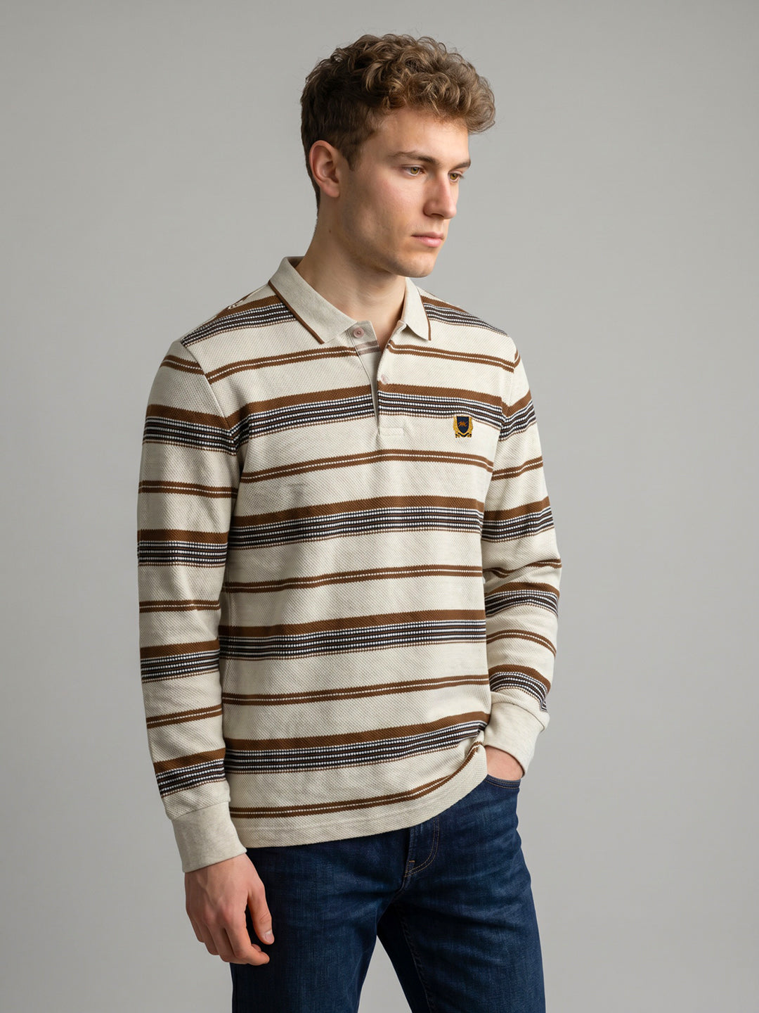 Men Camel Brown Stripe Polo Collar Full Sleeve T-Shirt