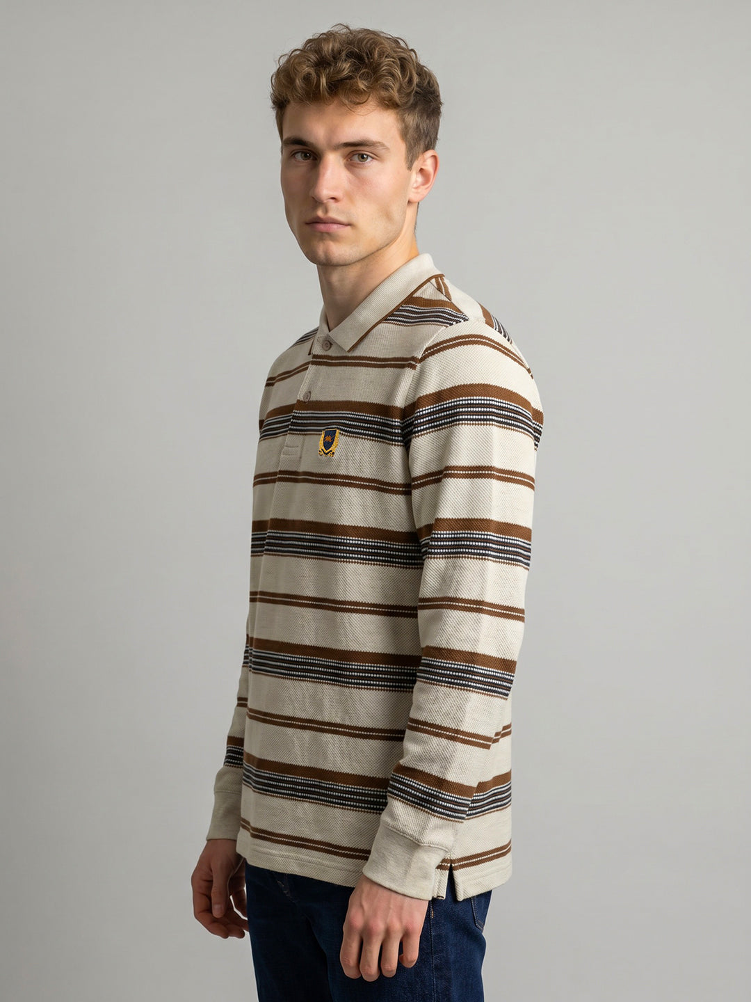 Men Camel Brown Stripe Polo Collar Full Sleeve T-Shirt