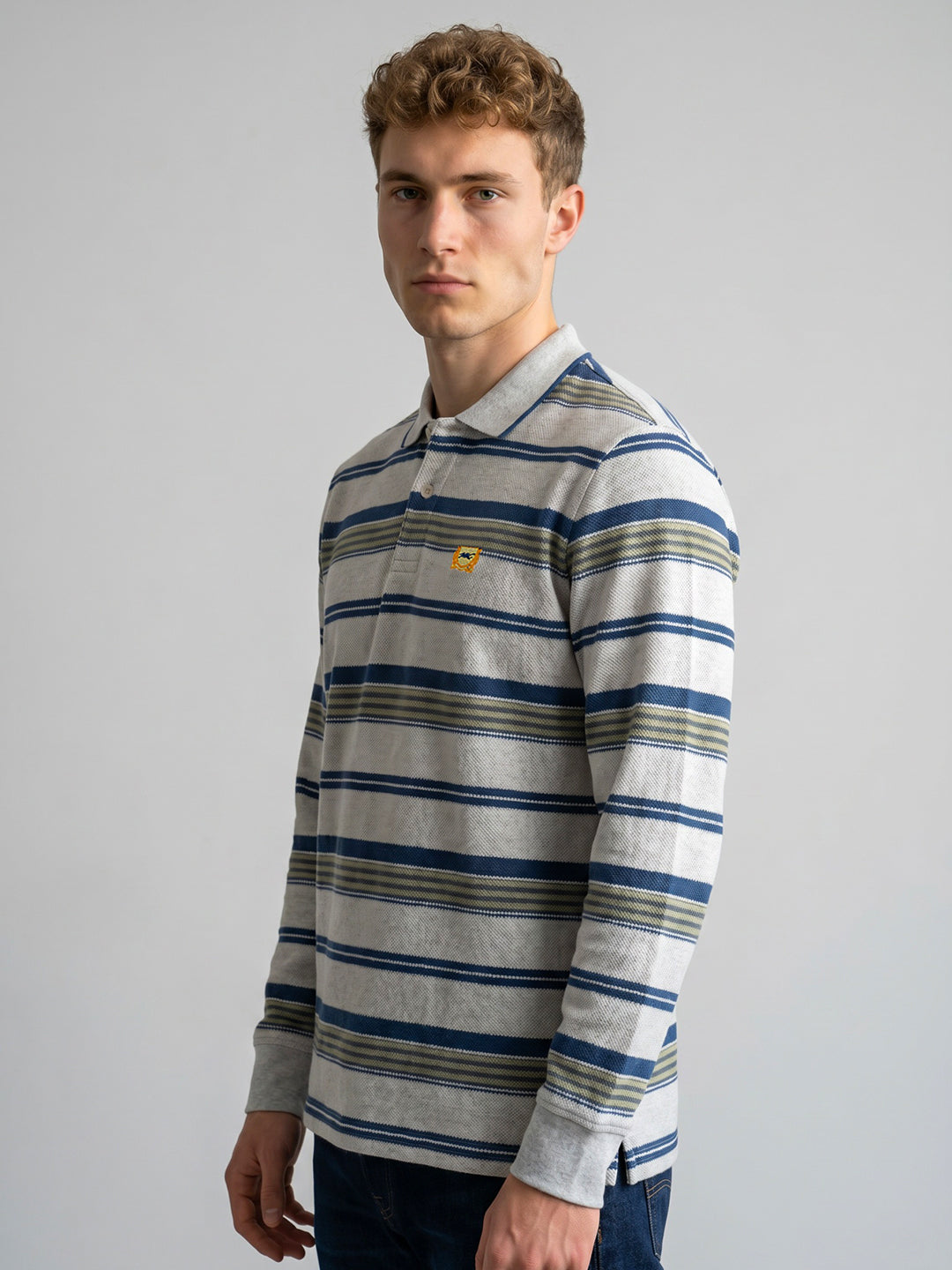 Men White Stripe Polo Collar Full Sleeve T-Shirt