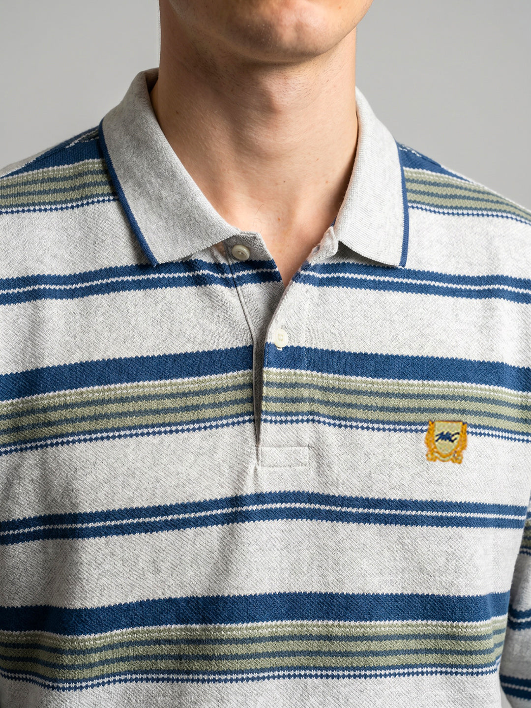 Men White Stripe Polo Collar Full Sleeve T-Shirt