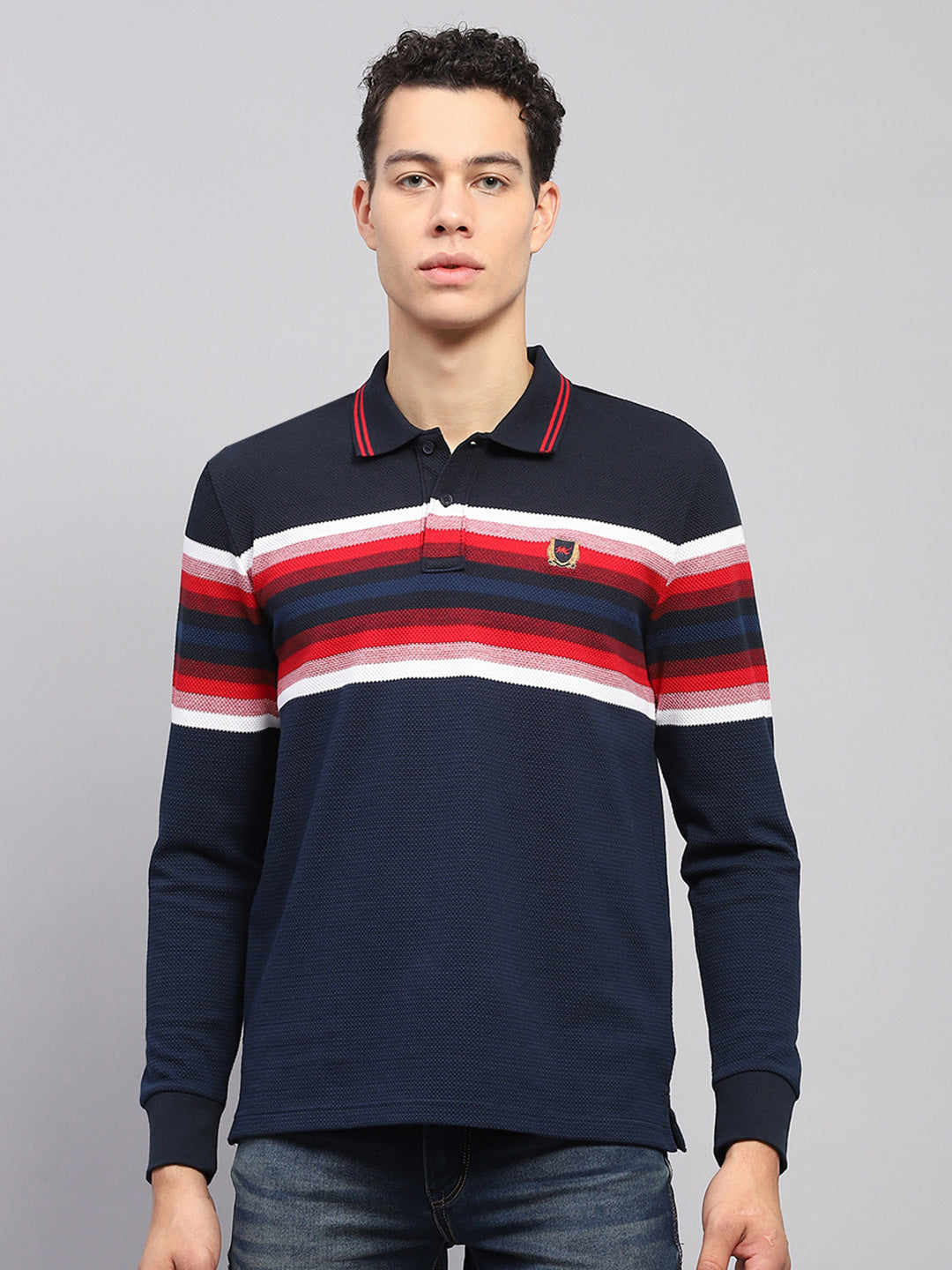 Men Navy Blue Stripe Collar Full Sleeve Winter T-Shirt