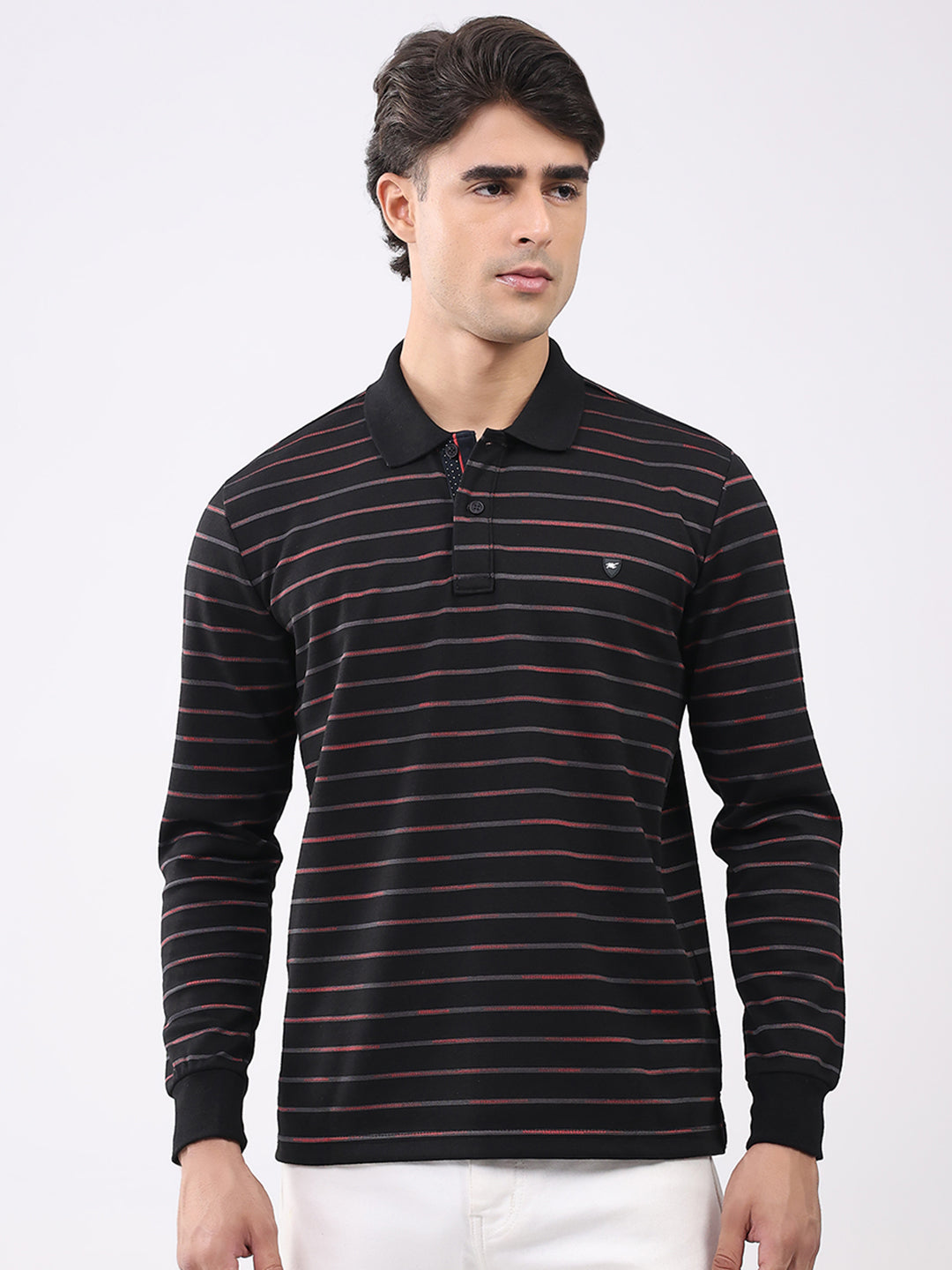 Men Black Stripe Collar Full Sleeve Winter T-Shirt