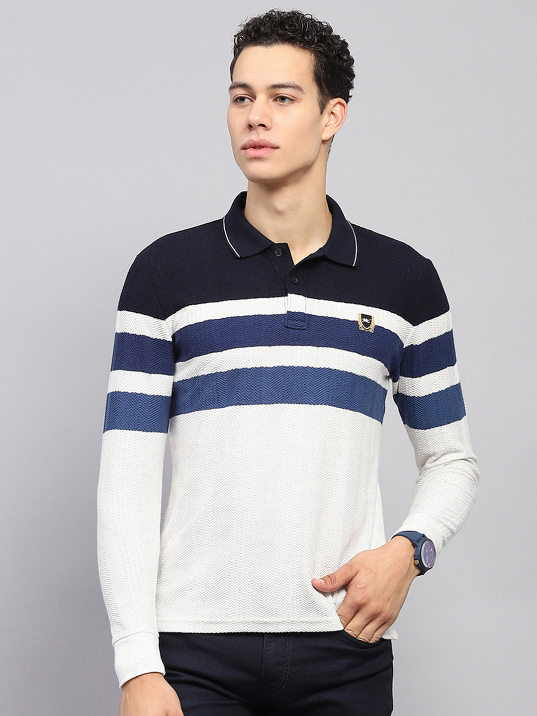 Men White Blue Stripe Collar Full Sleeve Winter T-Shirt