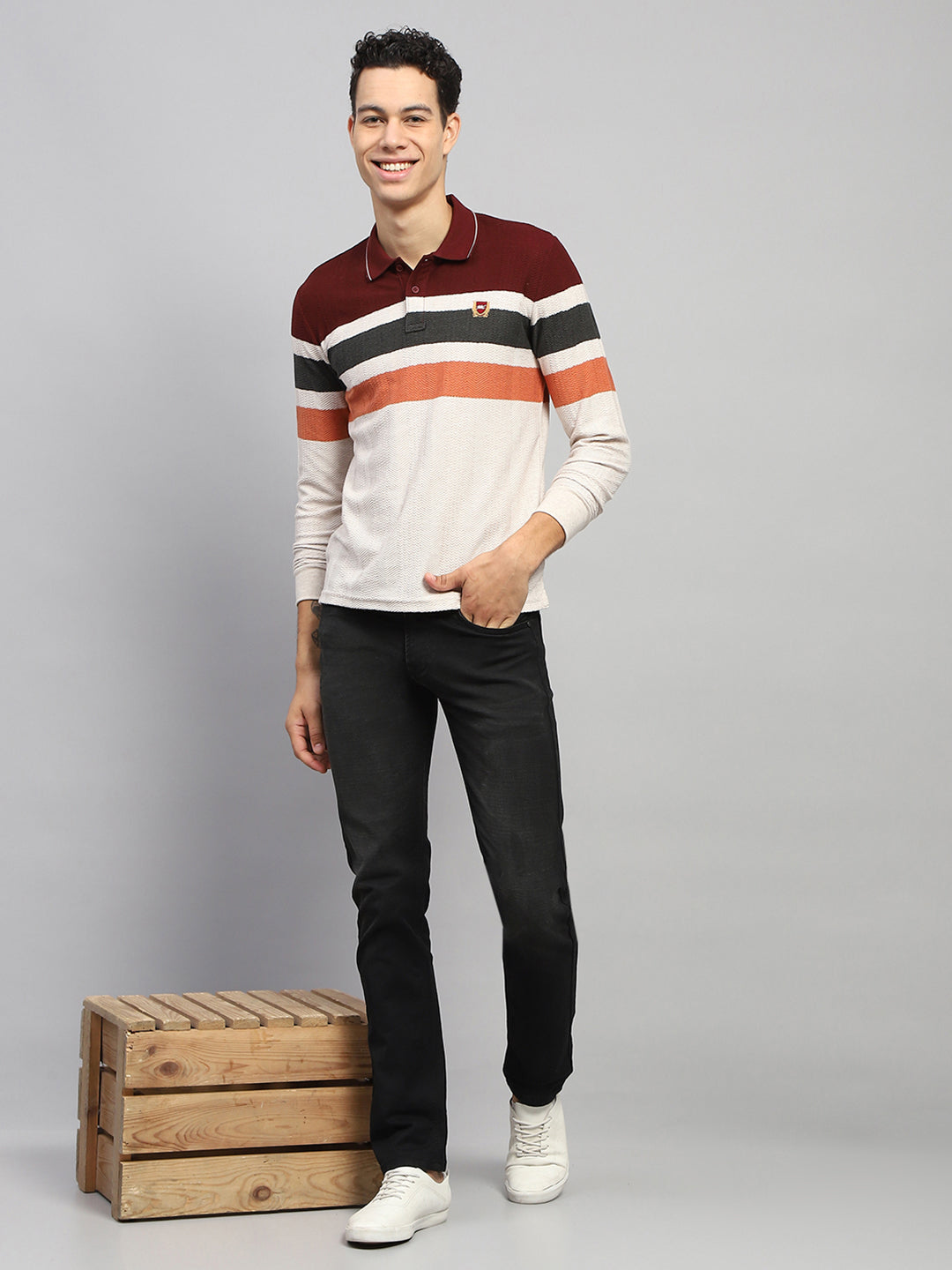 Men Maroo & White Stripe Collar Full Sleeve Winter T-Shirt