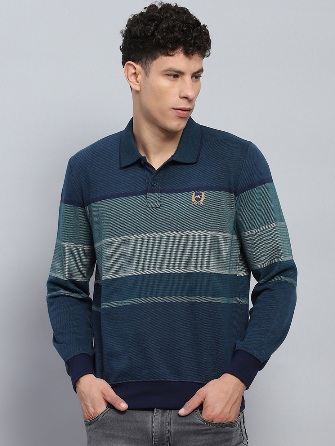 Men Green Stripe Collar Full Sleeve Winter T-Shirt