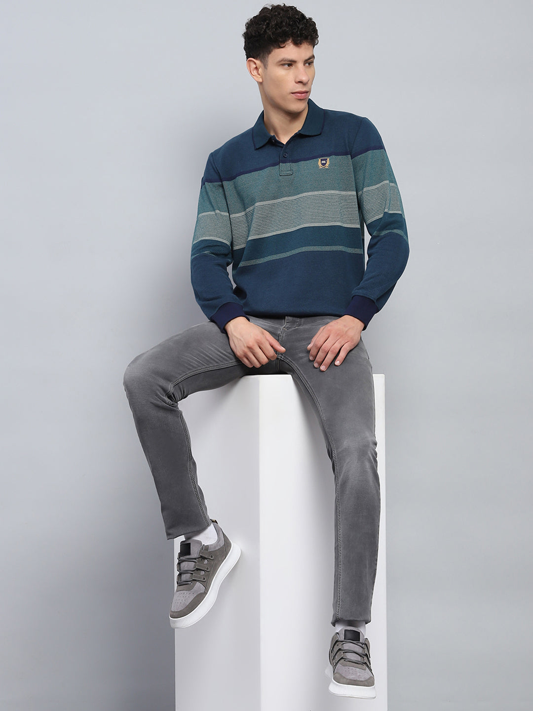 Men Green Stripe Collar Full Sleeve Winter T-Shirt