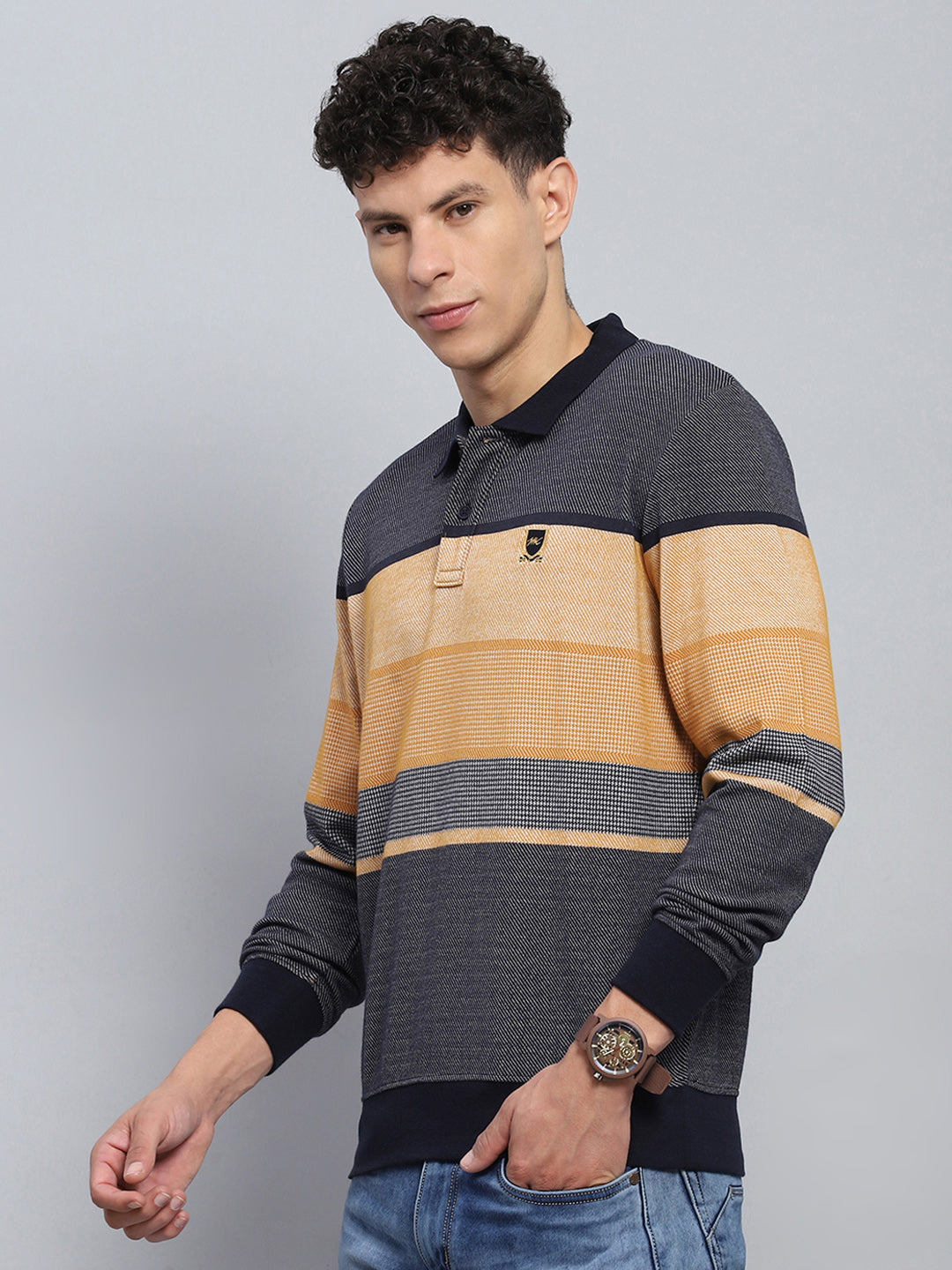 Men Beige Stripe Collar Full Sleeve Winter T-Shirt