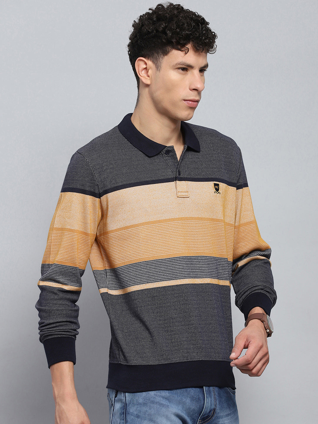 Men Beige Stripe Collar Full Sleeve Winter T-Shirt