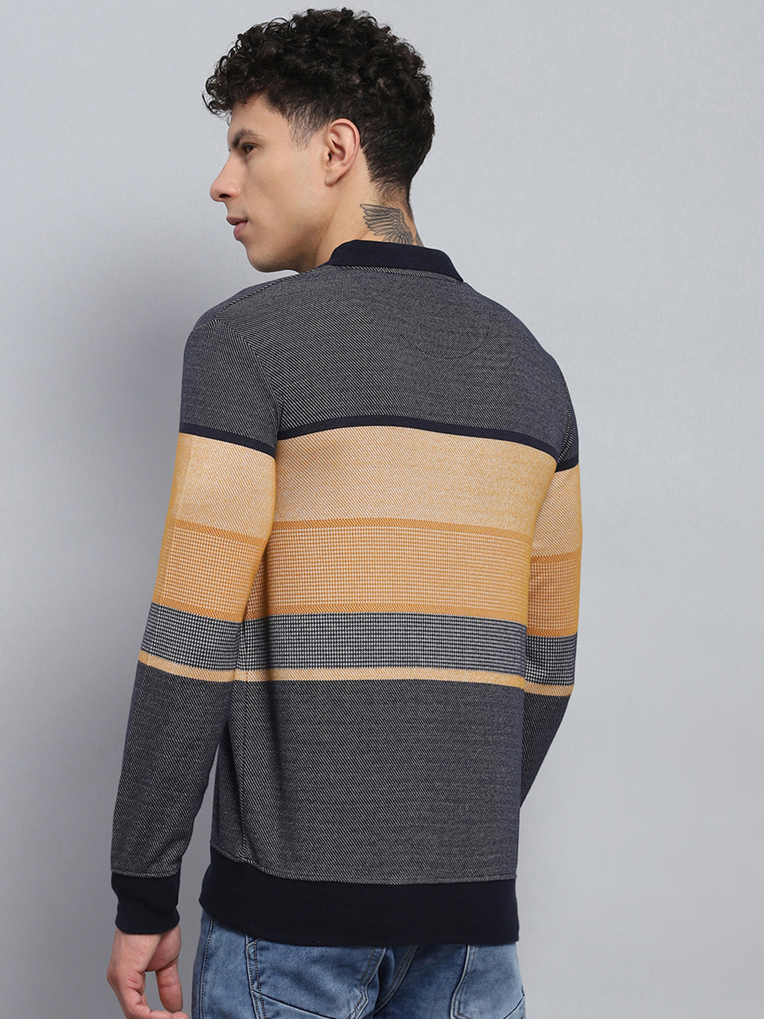 Men Beige Stripe Collar Full Sleeve Winter T-Shirt