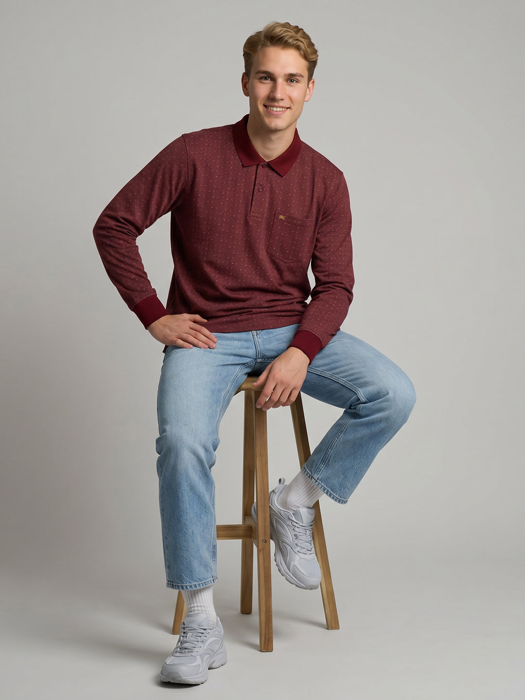Men Maroon Self Design Polo Collar Full Sleeve T-Shirt