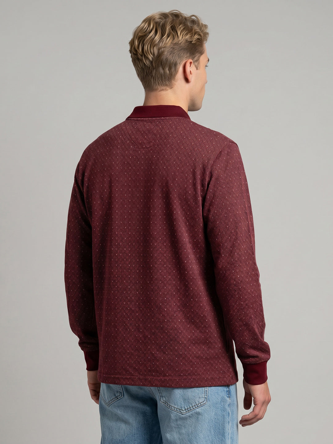 Men Maroon Self Design Polo Collar Full Sleeve T-Shirt