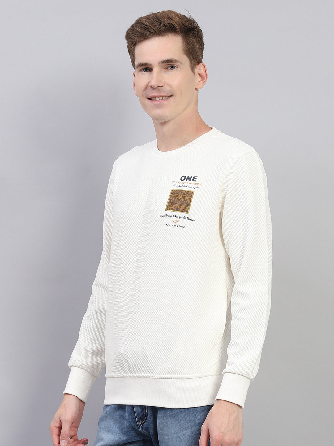 Men Off White Printed Round Neck Full Sleeve Winter T-Shirt