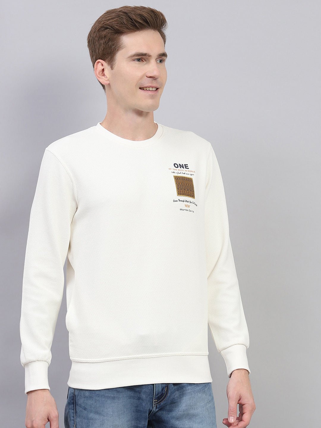 Men Off White Printed Round Neck Full Sleeve Winter T-Shirt