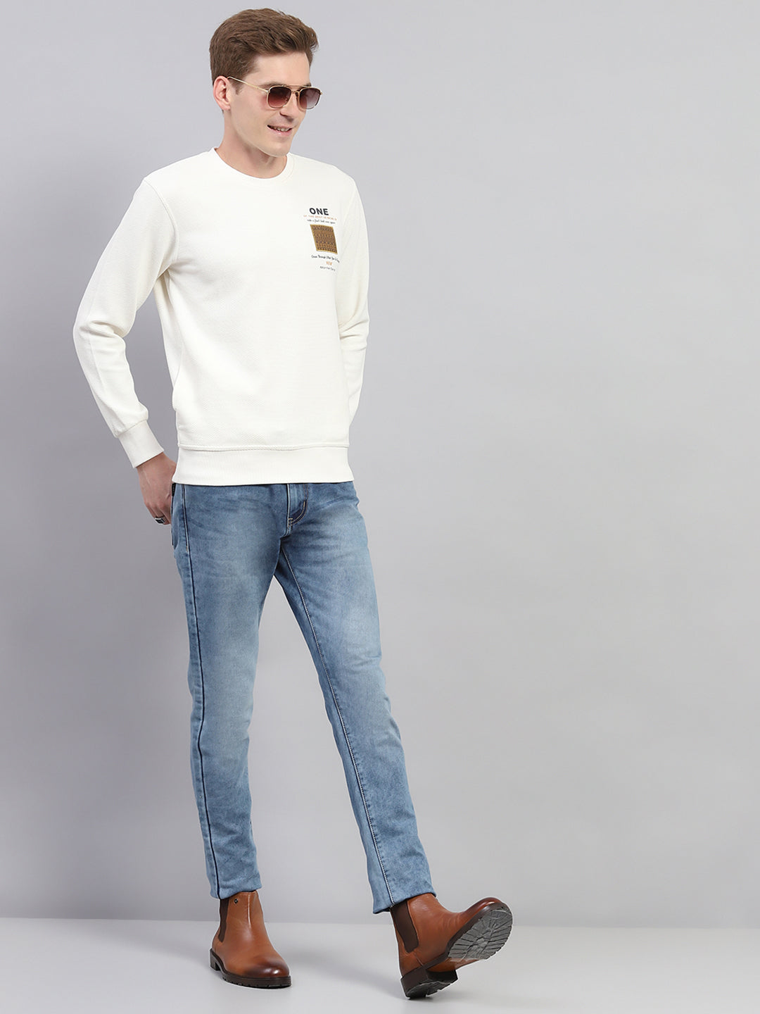 Men Off White Printed Round Neck Full Sleeve Winter T-Shirt